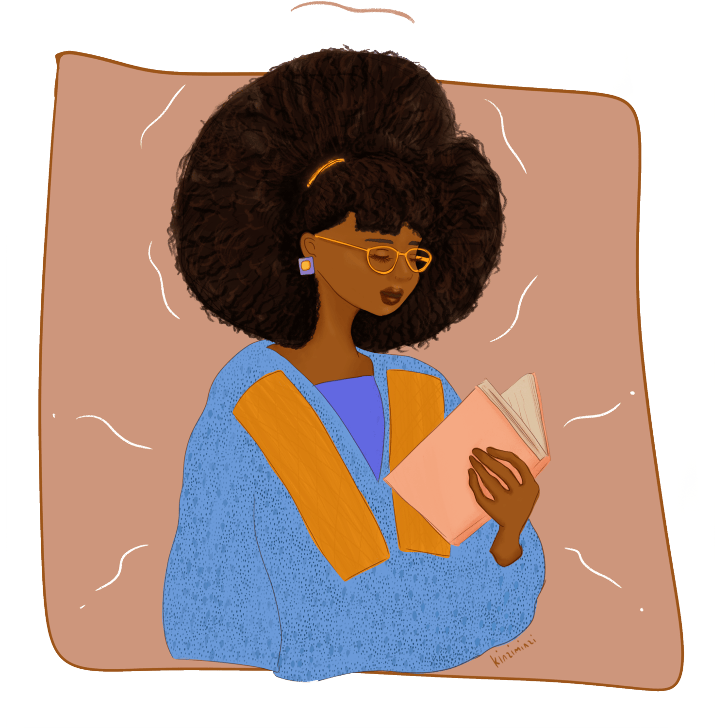 illustration of a beautiful with an afro reading a book