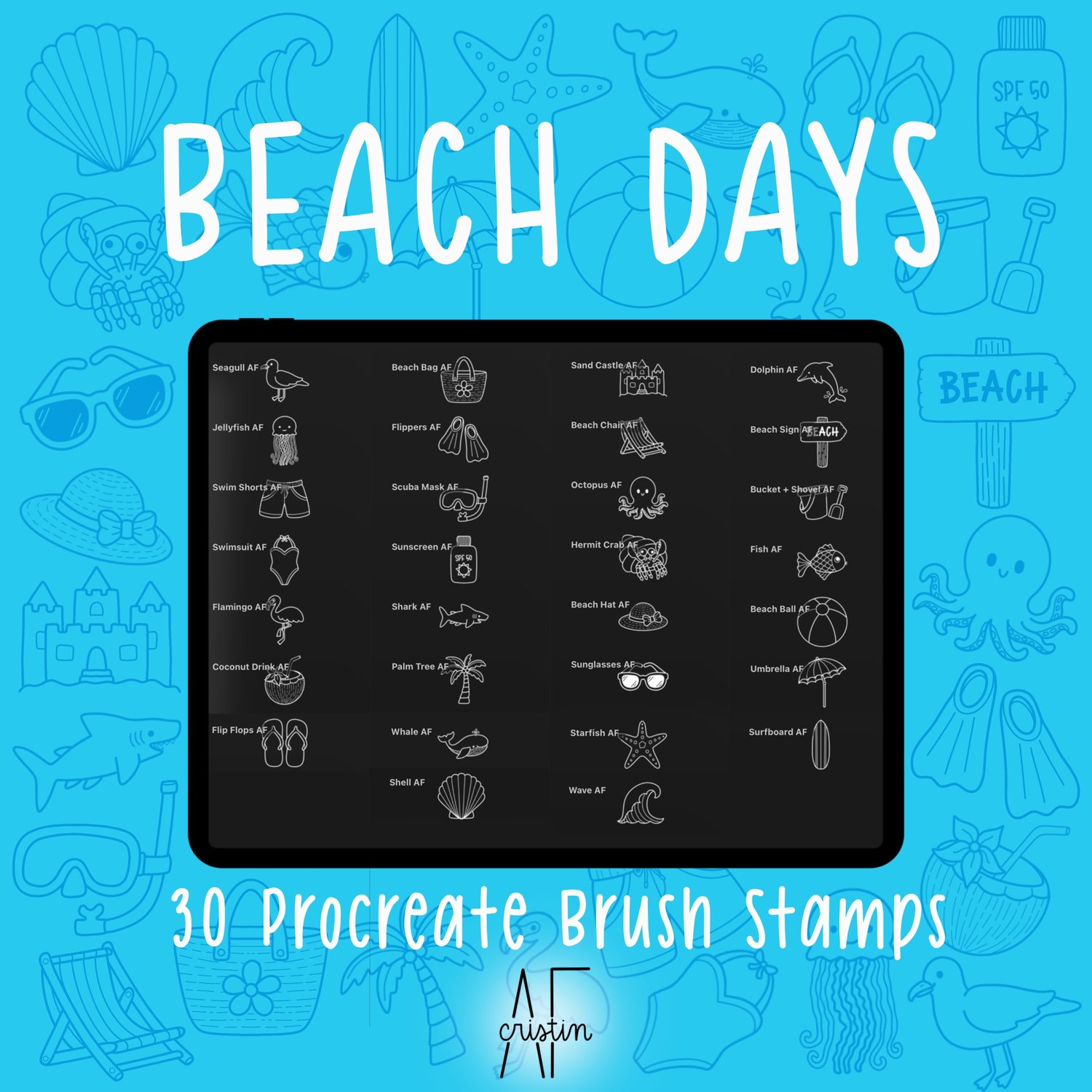 Preview of all 30 Beach Days Procreate brush stamps displayed inside the Procreate brush library, including beach icons, ocean animals, summer accessories, and tropical illustrations for digital art and design.