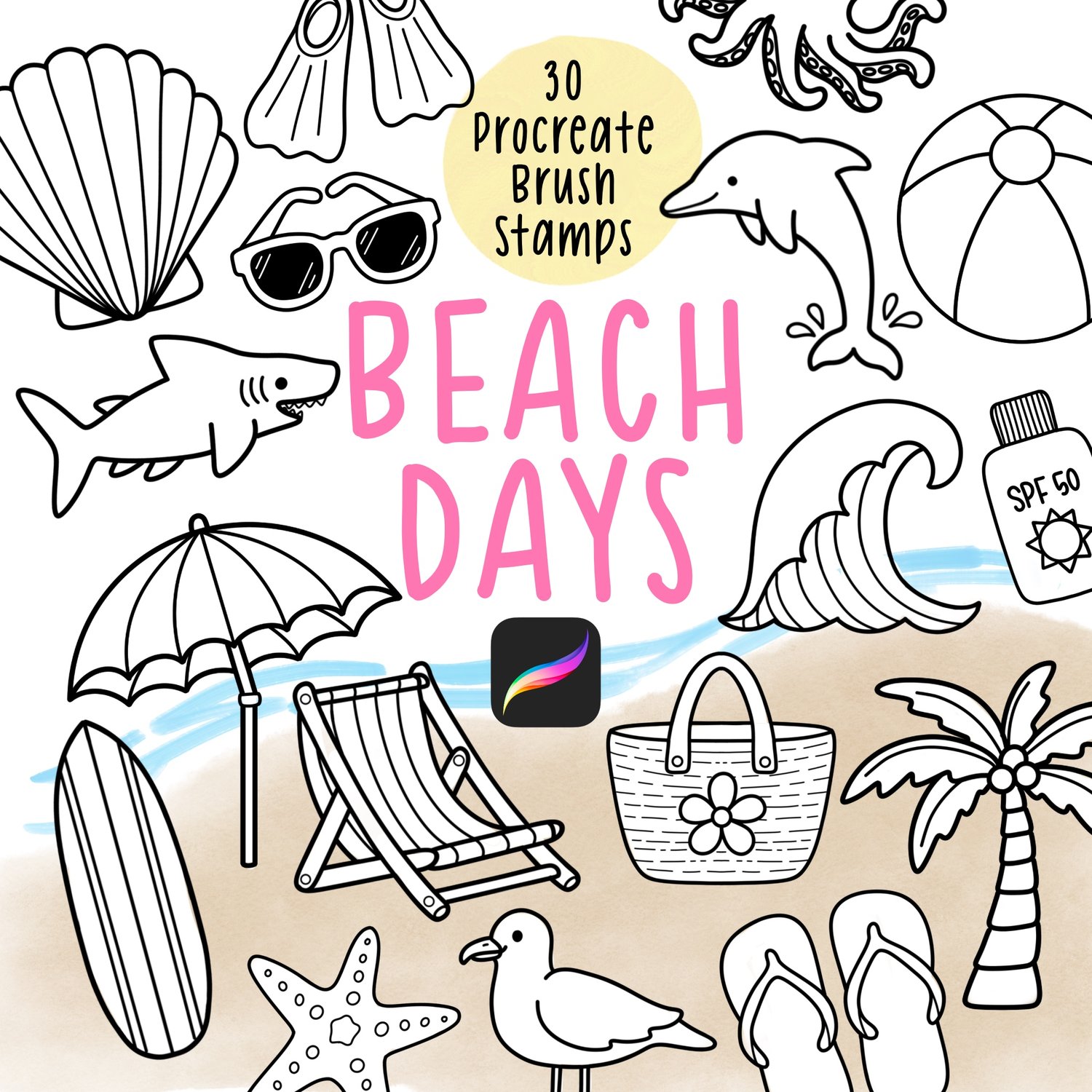 Beach Days Procreate Brush Stamps featuring 30 hand-drawn summer and beach-themed digital stamps including seashells, dolphins, sharks, waves, flip flops, umbrellas, palm trees, and beach accessories for Procreate on iPad.