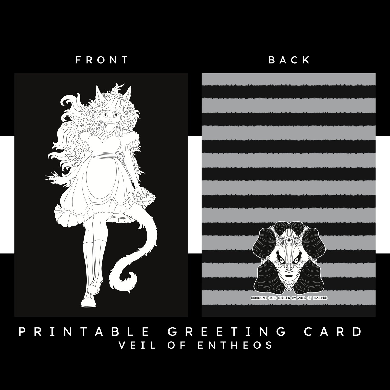 A printable greeting card by Veil of Entheos that features a cat girl wearing a dress, looking like she is ready to dance.
