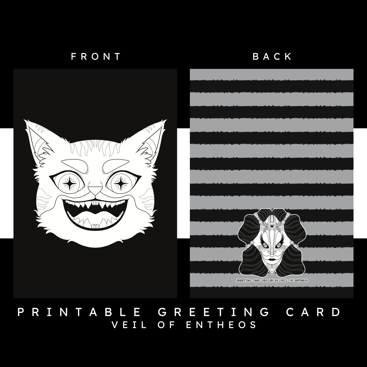 A printable greeting card by Veil of Entheos that features a face of a cat. The cat looks excited and has stars in its eyes.