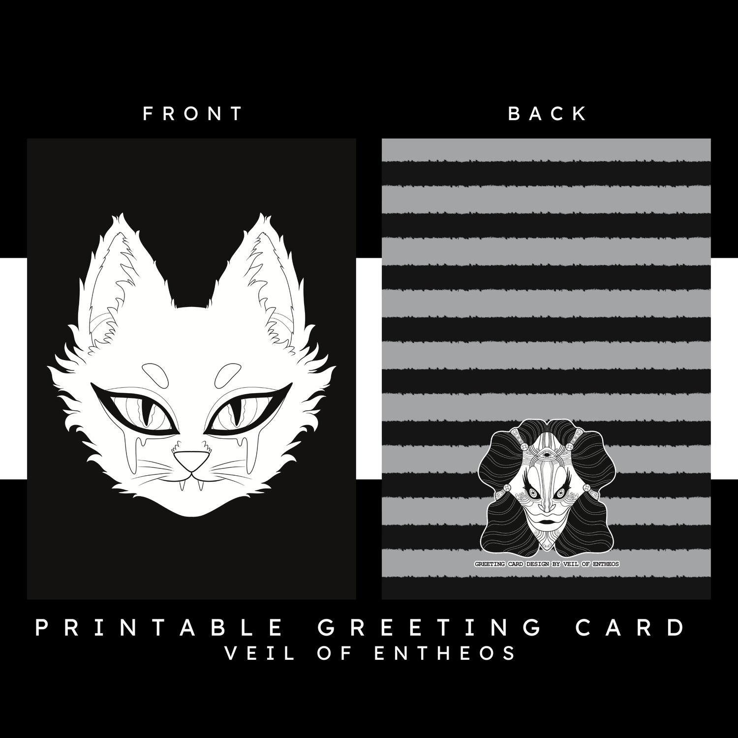 A printable greeting card by Veil of Entheos that features a face of a cat. The cat has very defined eyes, and has makeup on its face.