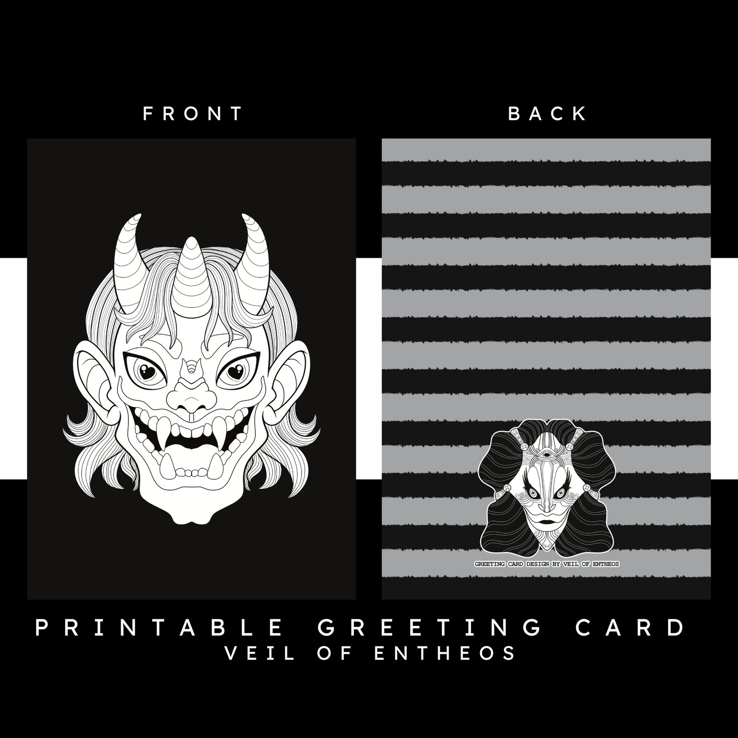 A printable greeting card by Veil of Entheos that features a face of a japanese oni. This demon has three horns on its head, and lots of sharp teeth as it smiles. It also has short hair.