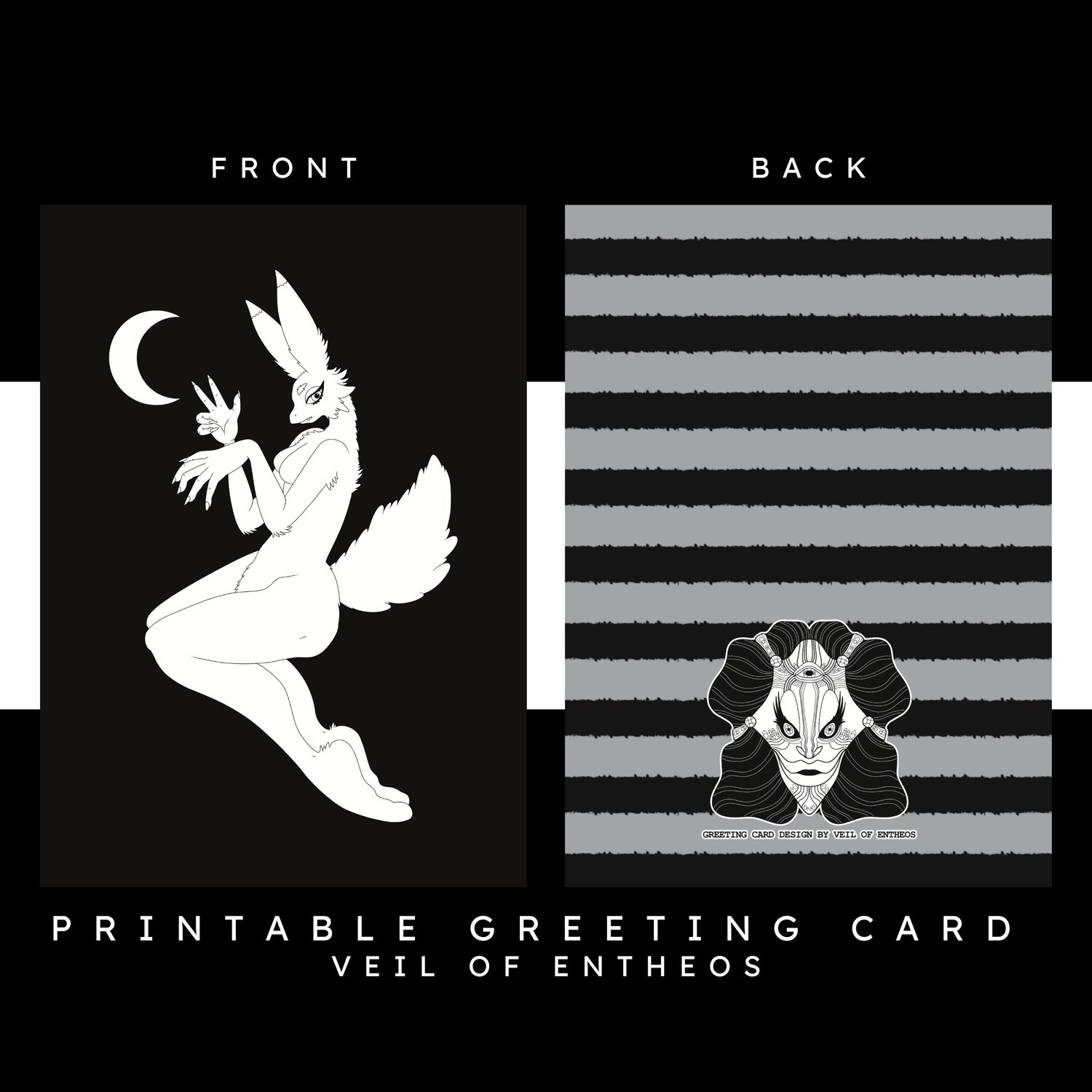 A printable greeting card by Veil of Entheos that features a furry monster that is similar to a rabbit. It is hoping into the air, and giving a peace sign. The moon is in the background.