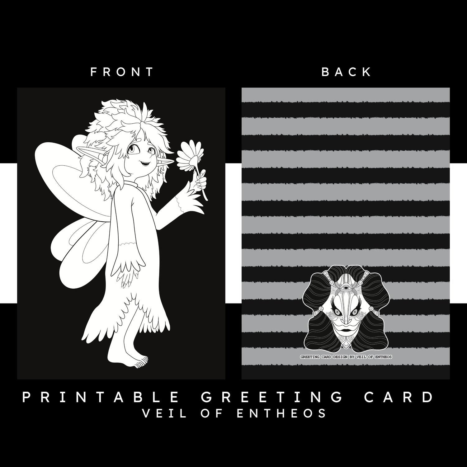 A printable greeting card by Veil of Entheos that features a fairy girl holding a flower. She looks happy, and surprised.