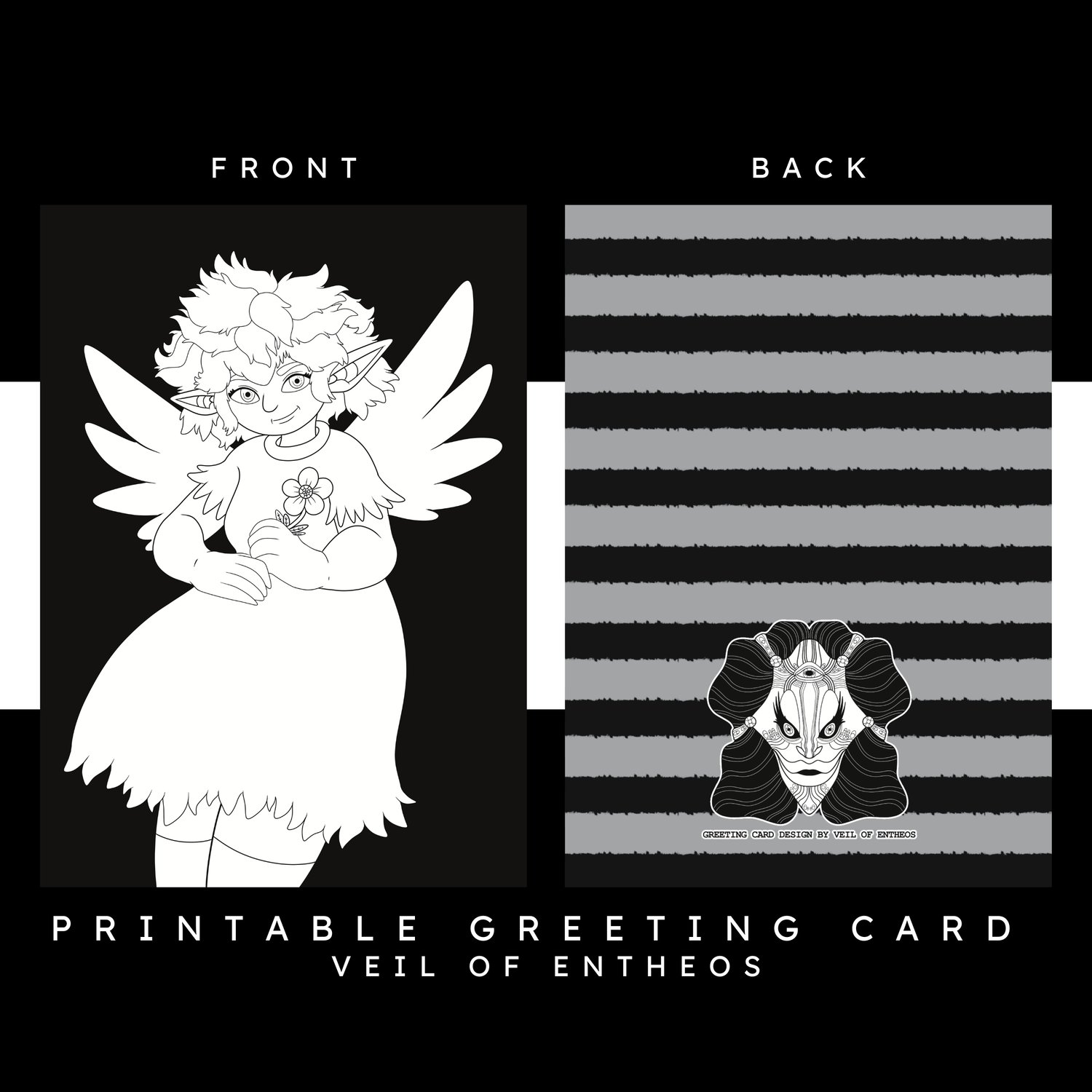 A printable greeting card by Veil of Entheos that features a cheerful fairy girl holding flowers. Her wings almost look similar to angel wings, but they remain small and cute. She has elf ears, and short hair. She is also wearing a dress.