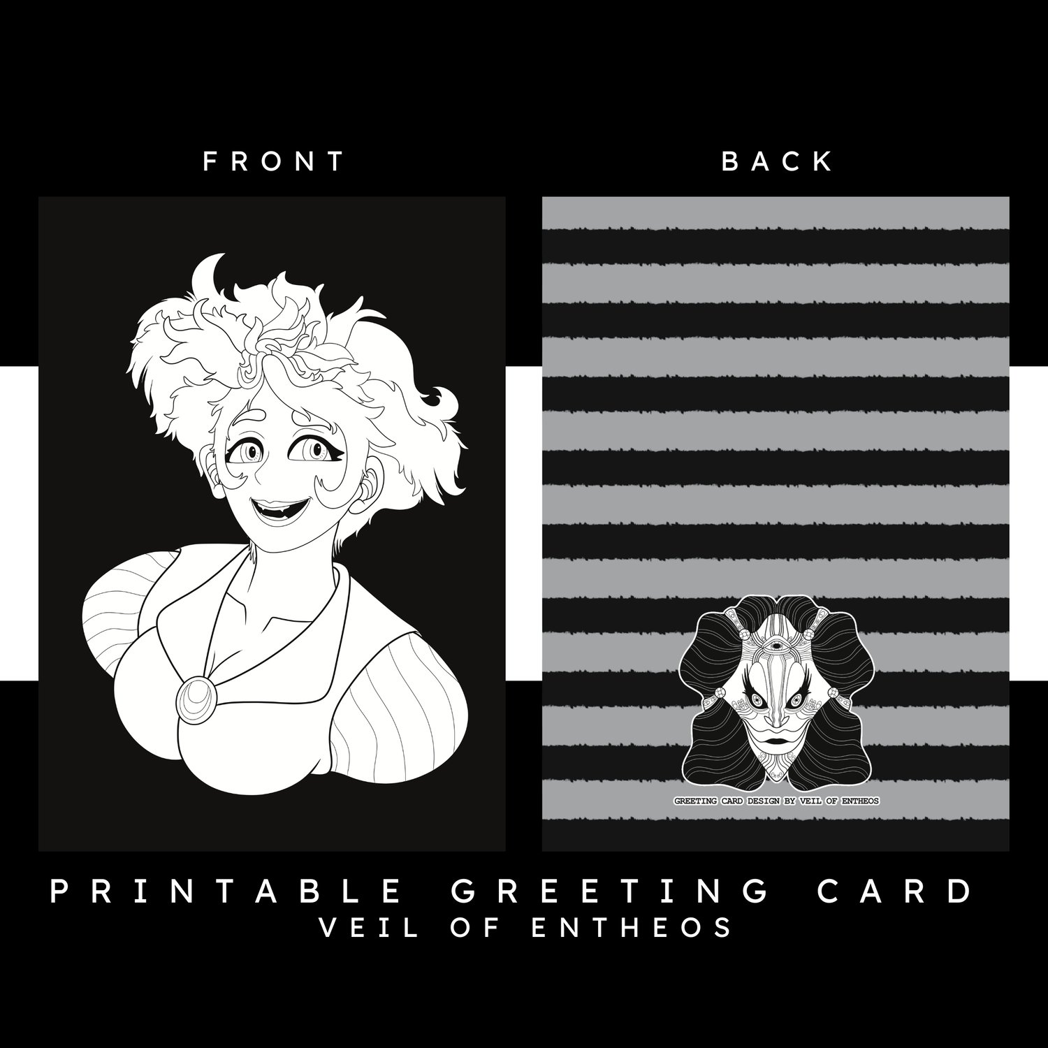 A printable greeting card by Veil of Entheos that features a woman with short hair, smiling. She is wearing a cute shirt top that has a large button near the collar.