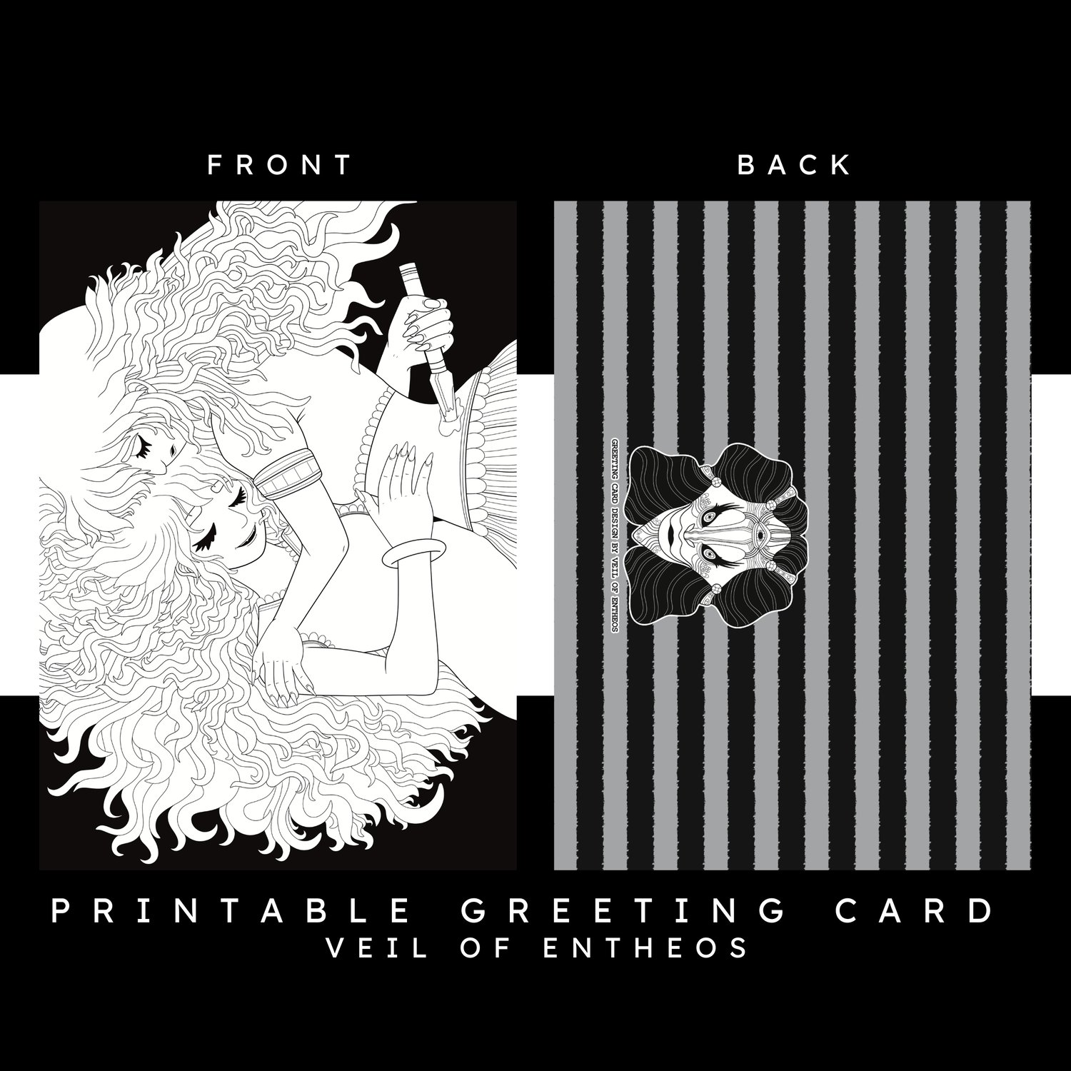 A printable greeting card by Veil of Entheos that features a couple that are embracing while one of the women stabs the other in the back.