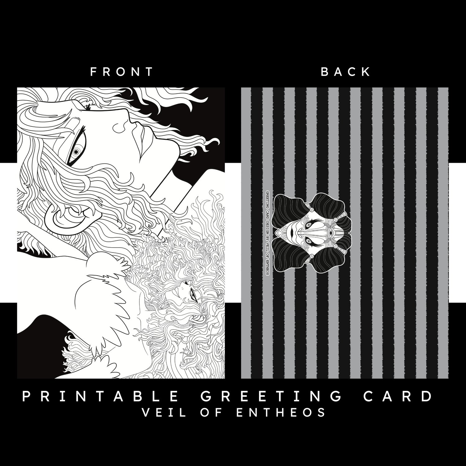 A printable greeting card by Veil of Entheos that features two original characters, one is a woman, the other is a man. The woman is wearing a party dress, and has long hair. The man has shoulder length hair, and is shown up close.