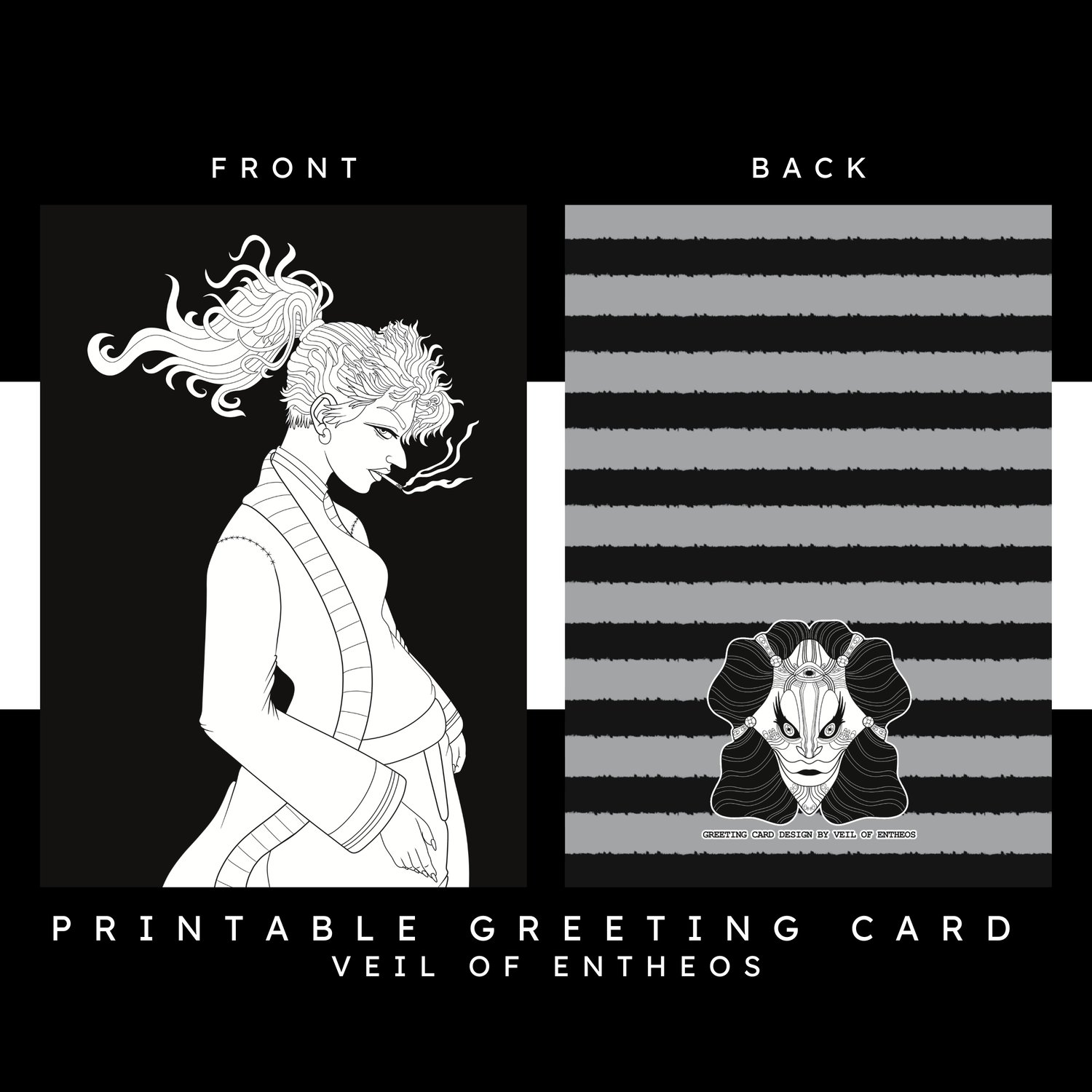 A printable greeting card by Veil of Entheos that features a woman smoking a cig. She has her hair in a ponytail, and is wearing a coat, sweater, and jeans.