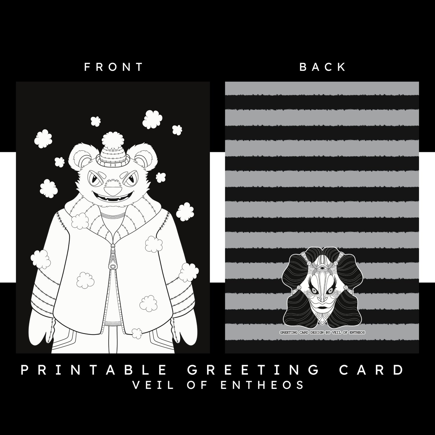 A printable greeting card by Veil of Entheos that features a Winter Bear outside in the snow. The bear is wearing a winter outfit, hat, gloves, jacket, and pants.