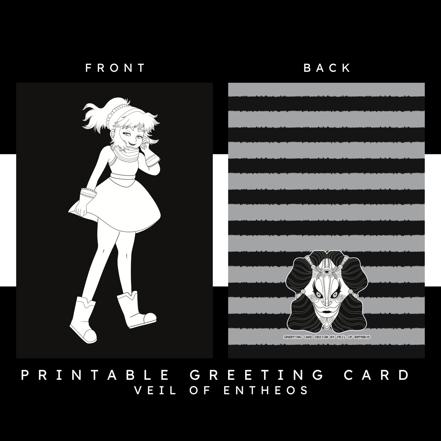 A printable greeting card by Veil of Entheos that features a cheerful girl, that is wearing a dress, boots, and has her hair up in a ponytail.