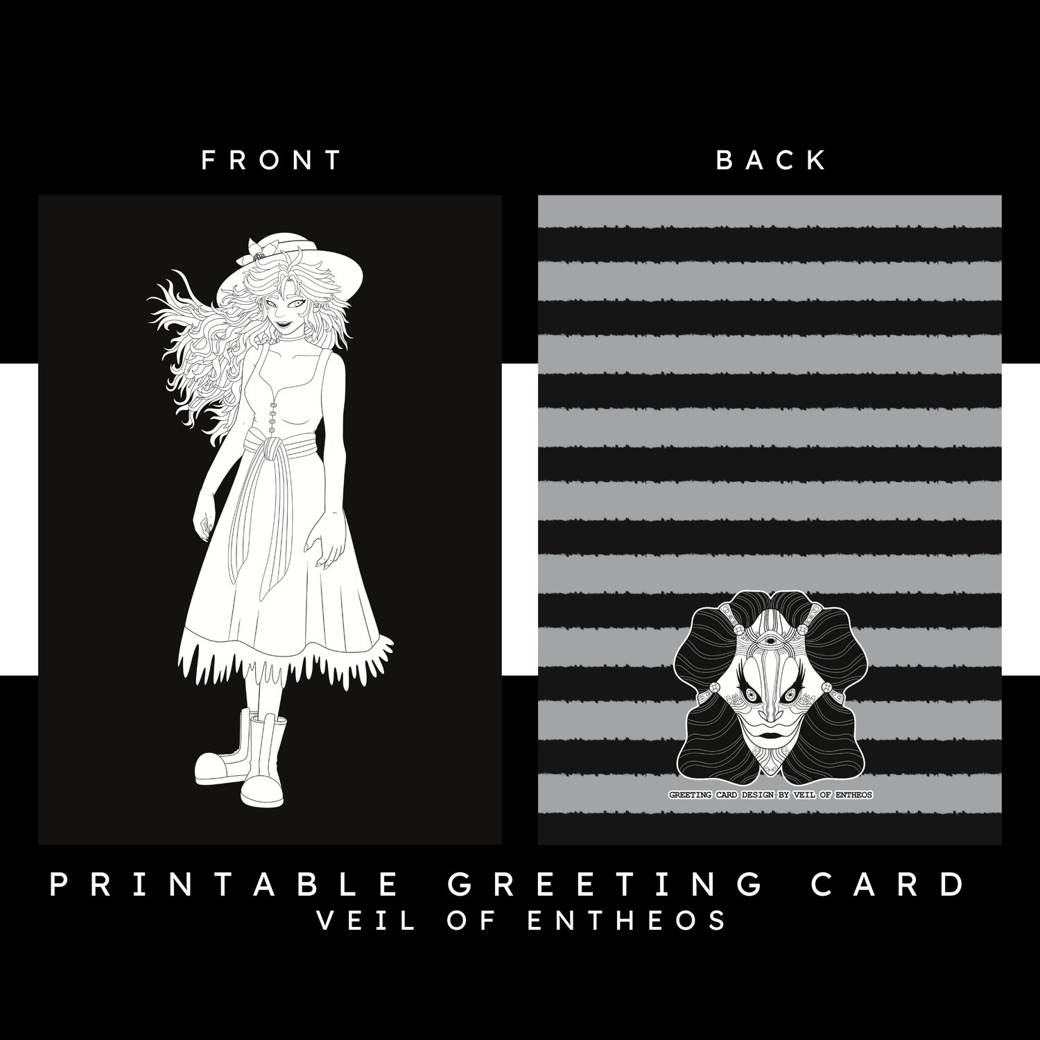 A printable greeting card by Veil of Entheos that features a female gardener. She is wearing a long dress, boots, and a sun hat. She also has long hair.