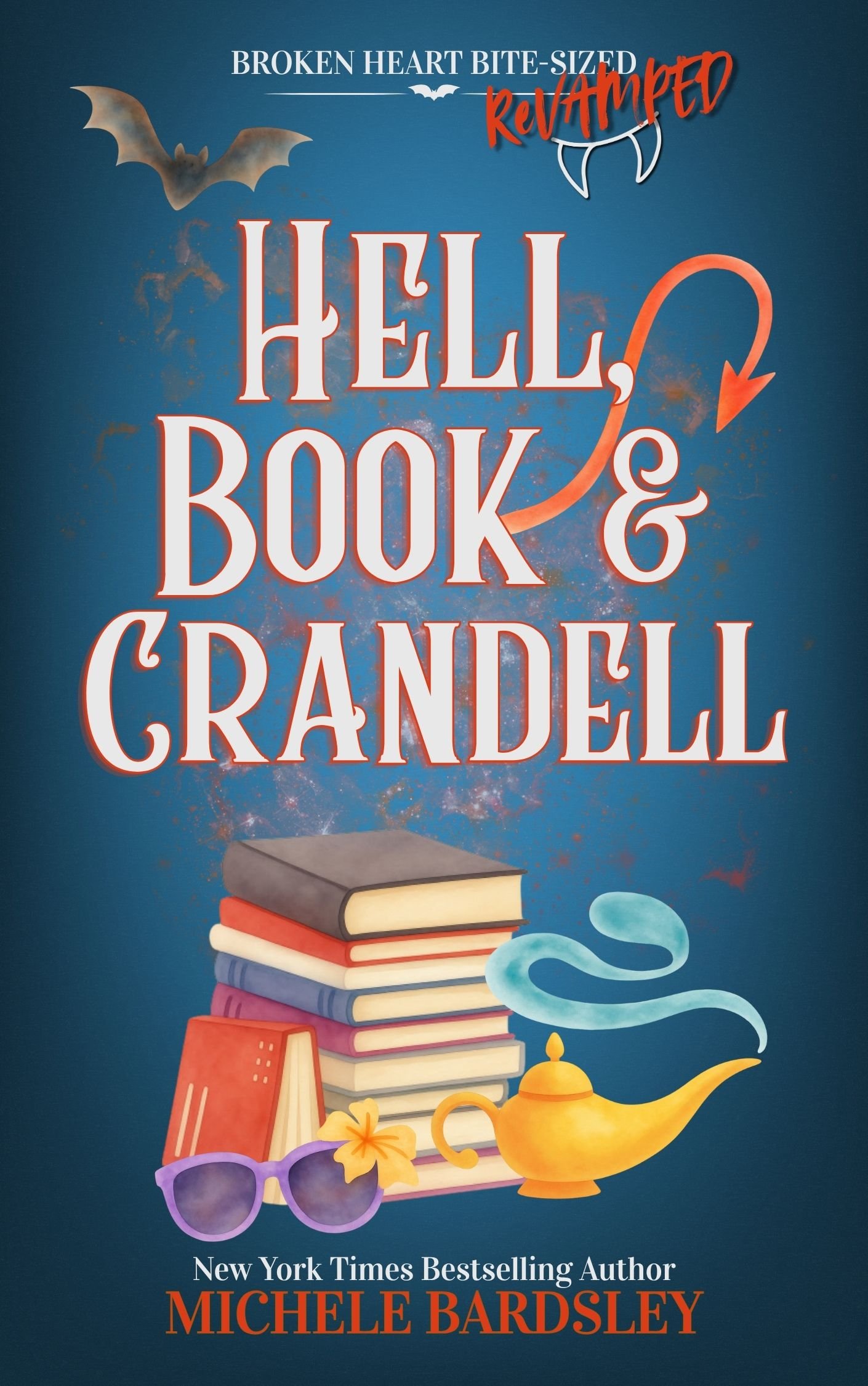 Book cover for Hell Book & Crandell: Blue with bat, book, sunglasses, and genie lamp.