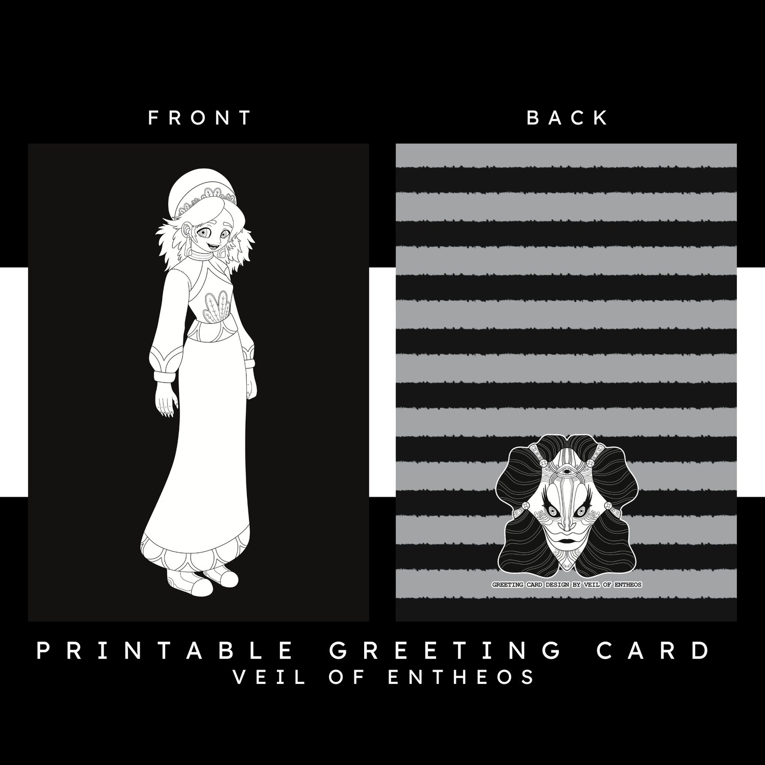A printable greeting card by Veil of Entheos that features a princess, wearing a unique dress, and hat. She has shoulder length hair, and a cheerful expression.