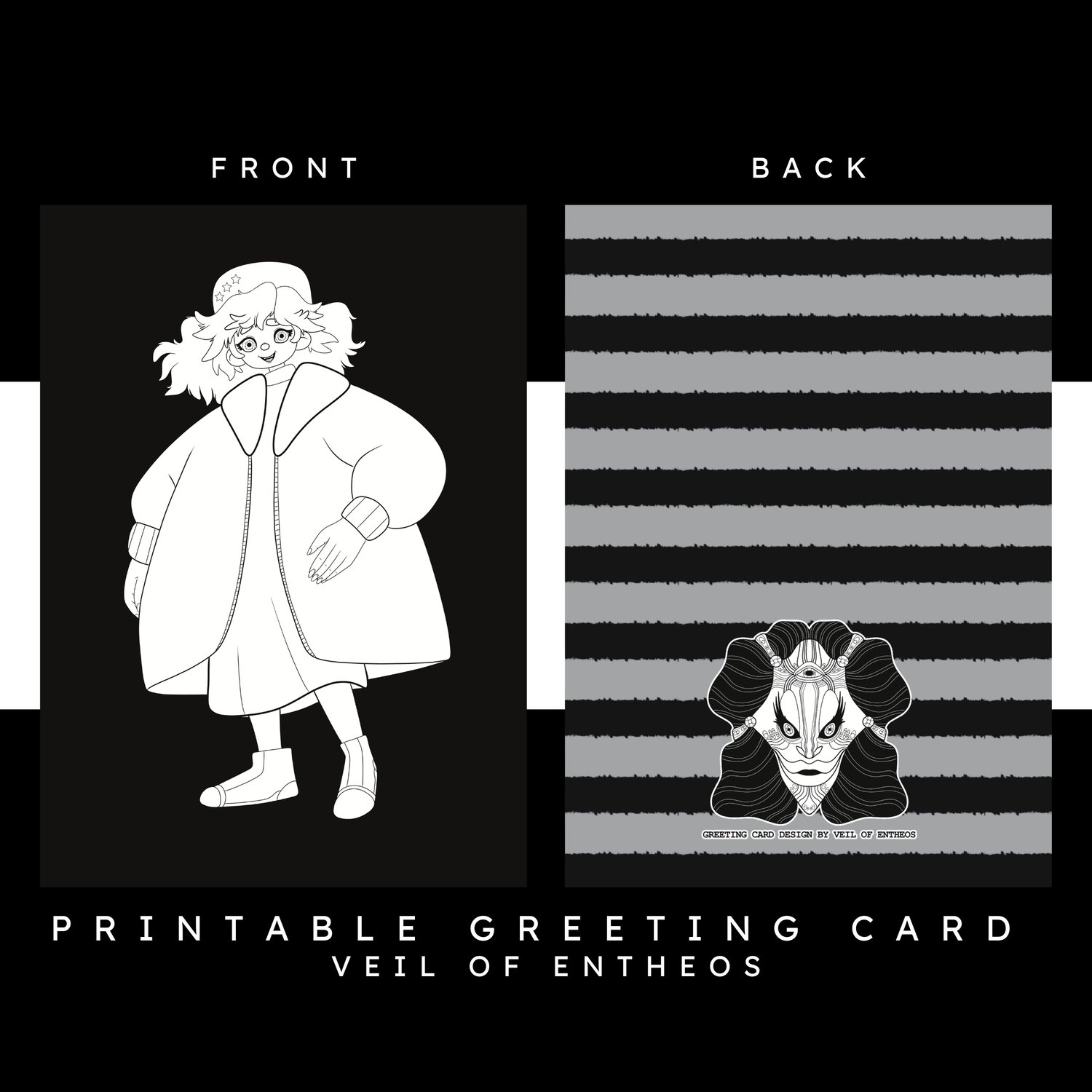 A printable greeting card by Veil of Entheos that features a young girl, wearing a large overcoat, a long dress, winter hat, and short boots. She has a cheerful expression on her face.