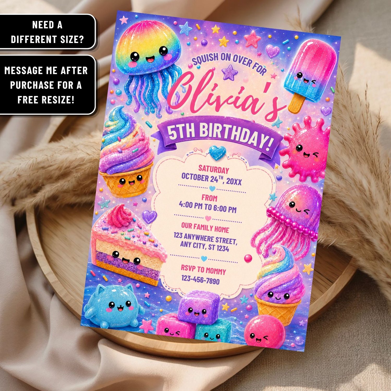 Editable squishy birthday party invitation featuring colorful neon sensory toy theme