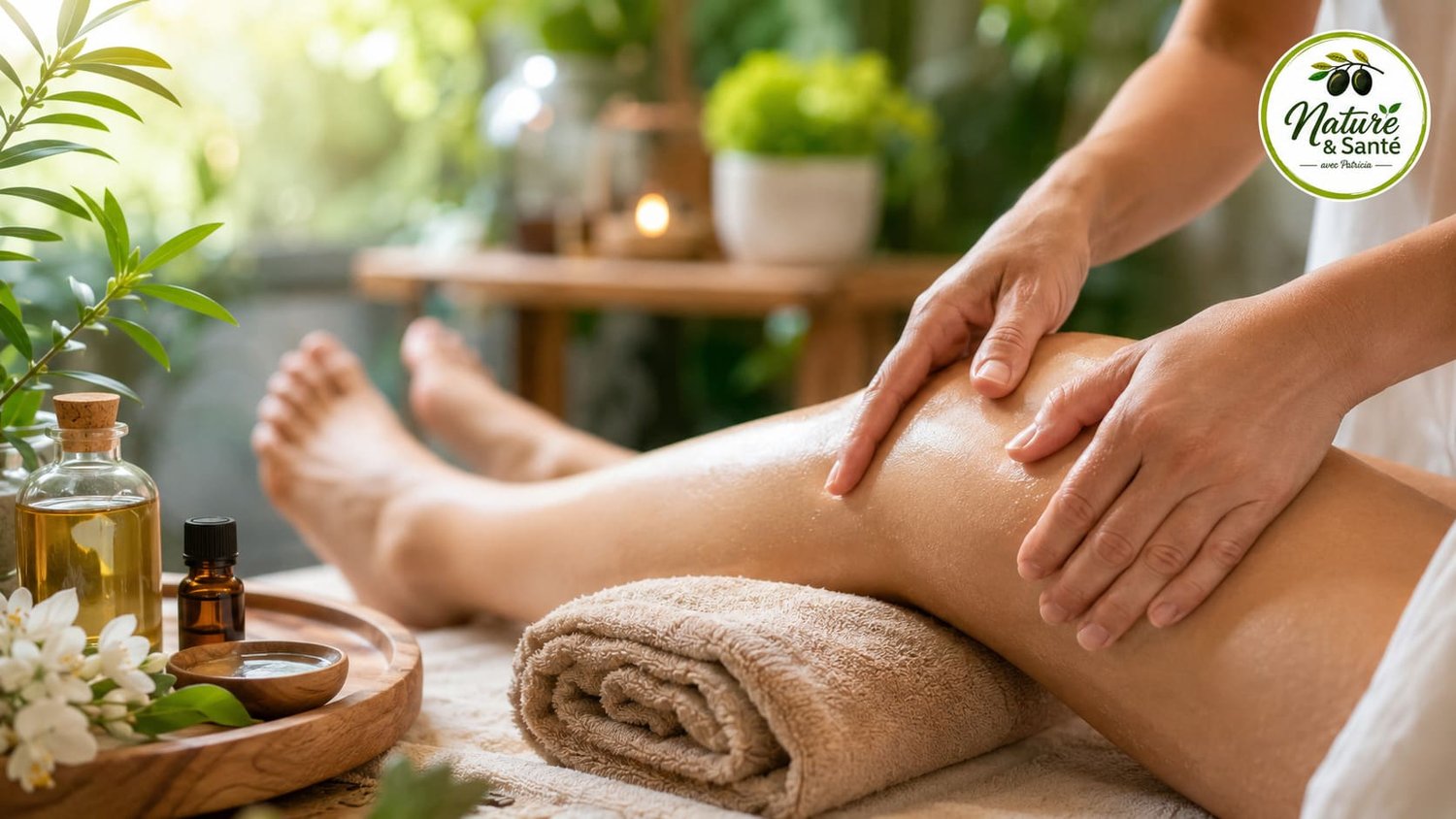 Séance de drainage lymphatique manuel réalisée avec des gestes doux sur les jambes dans une ambiance naturelle et lumineuse favorisant la circulation de la lymphe.