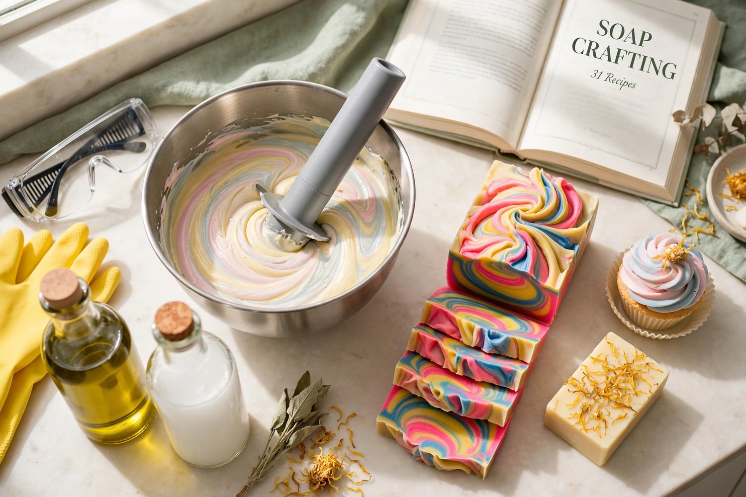 Soap Crafting book cover thumbnail showing 31 unique cold process soap recipes with colorful swirled bars.