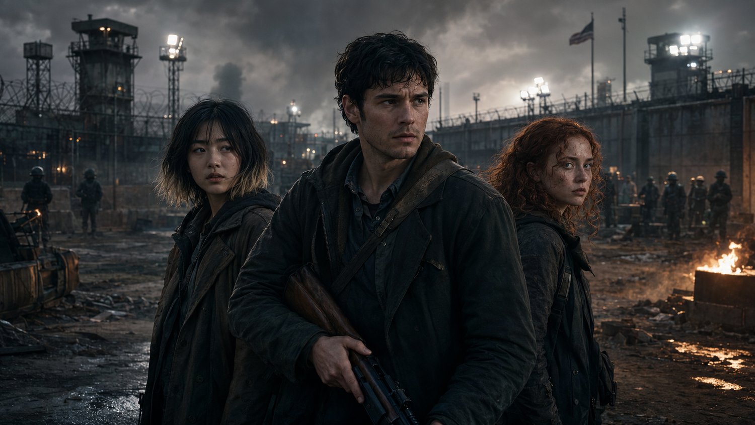 Quinn Cozens stands armed but conflicted between Yui Kikuchi and Ajay outside a fortified post-collapse compound, with watchtowers, barbed wire, armed guards, smoke, and fires surrounding the trio.