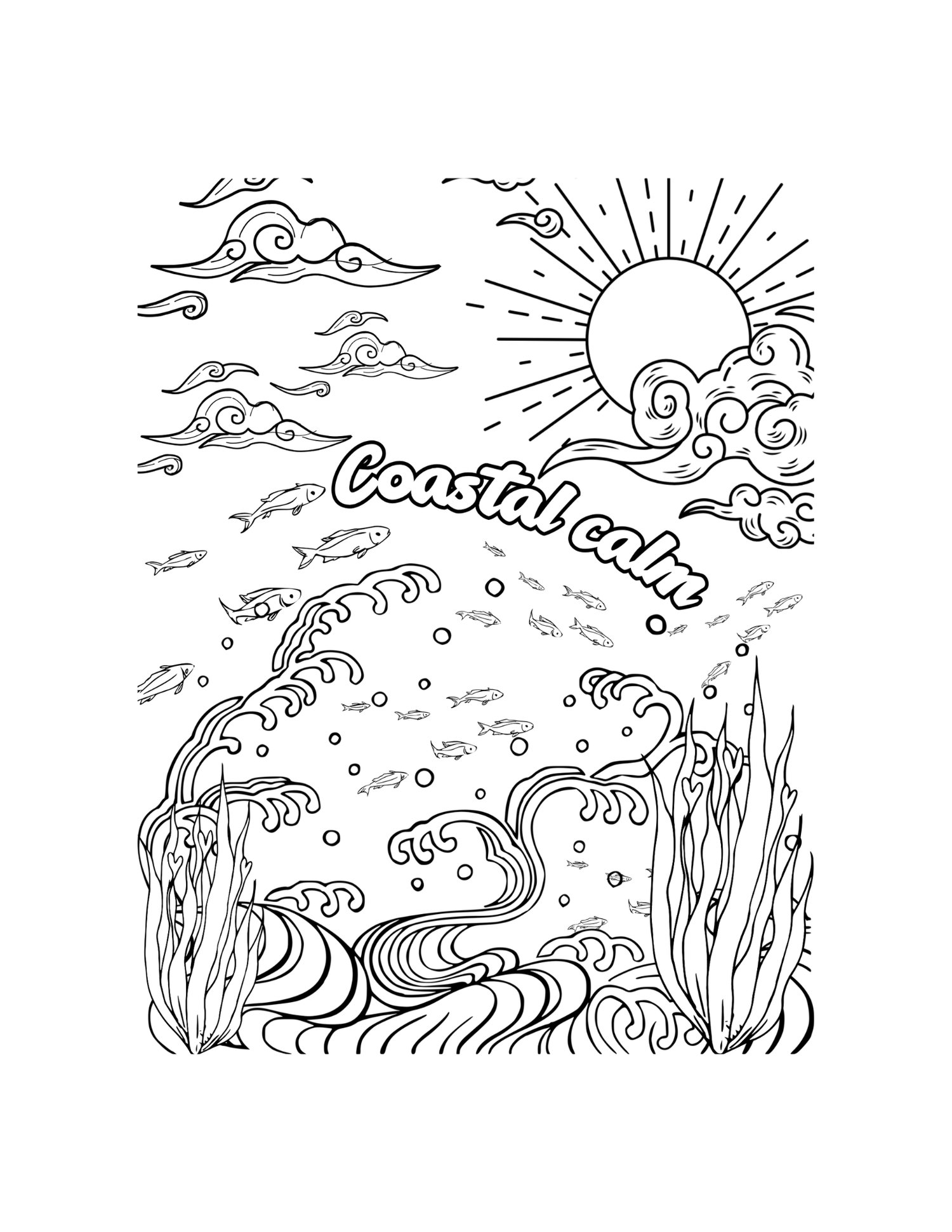 Digital or Printable Coloring Page saying Coastal Calm with an underwater scene