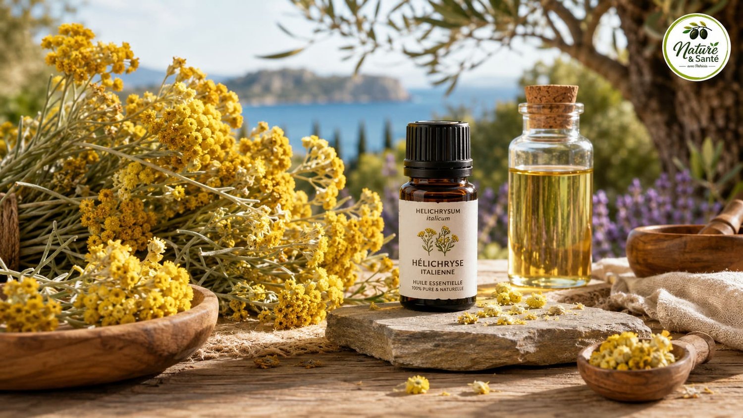 Champ d'Hélichryse italienne (Immortelle) en pleine floraison sous le soleil méditerranéen avec un flacon d'huile essentielle au premier plan.