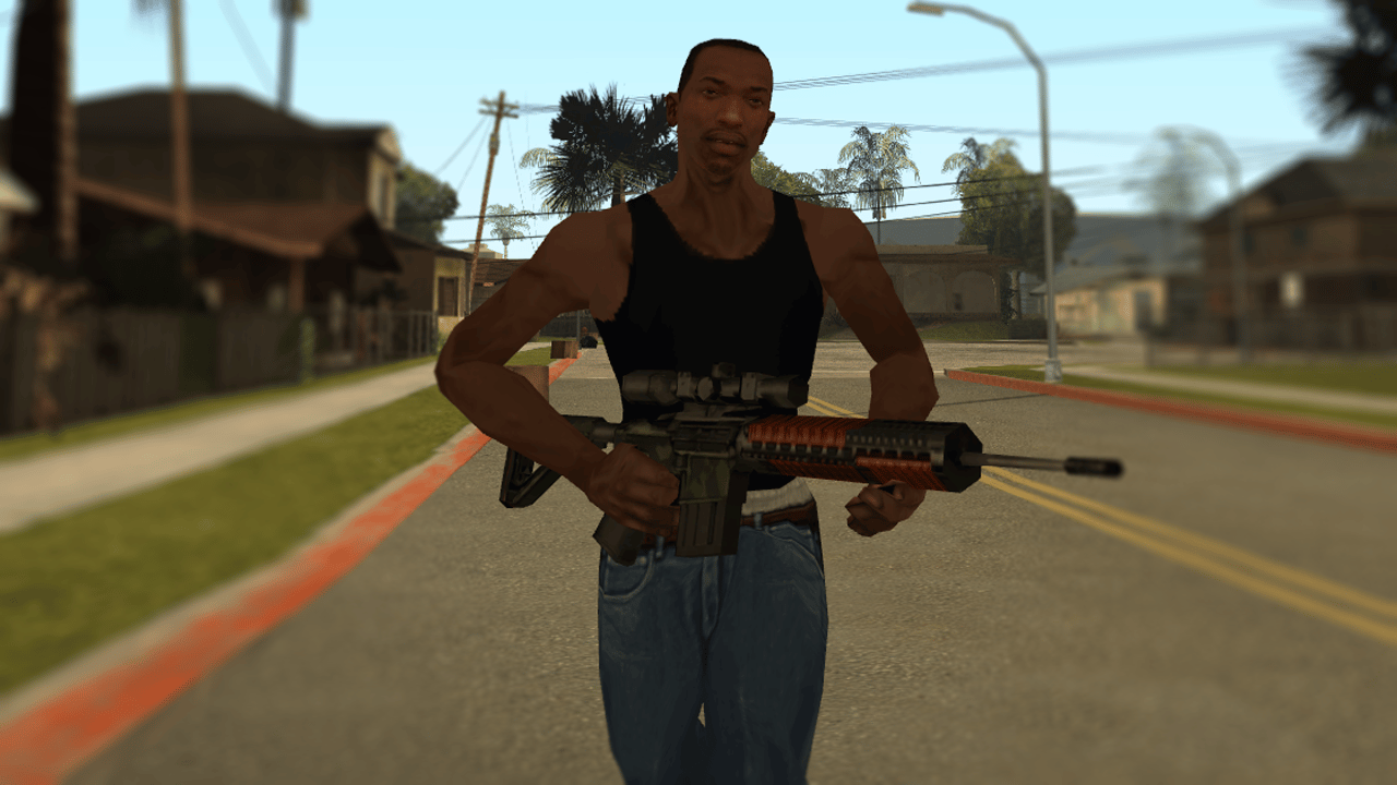 SR-25 rifle model with GTA VI-inspired orange and green camo finish, held by a character on a San Andreas street