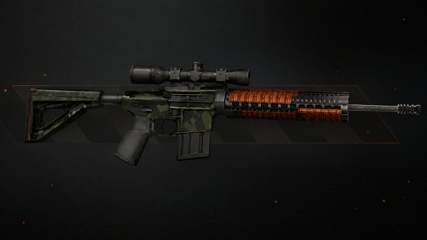 3D render of the SR-25 rifle model with GTA VI-inspired orange and olive camo, isolated on black background