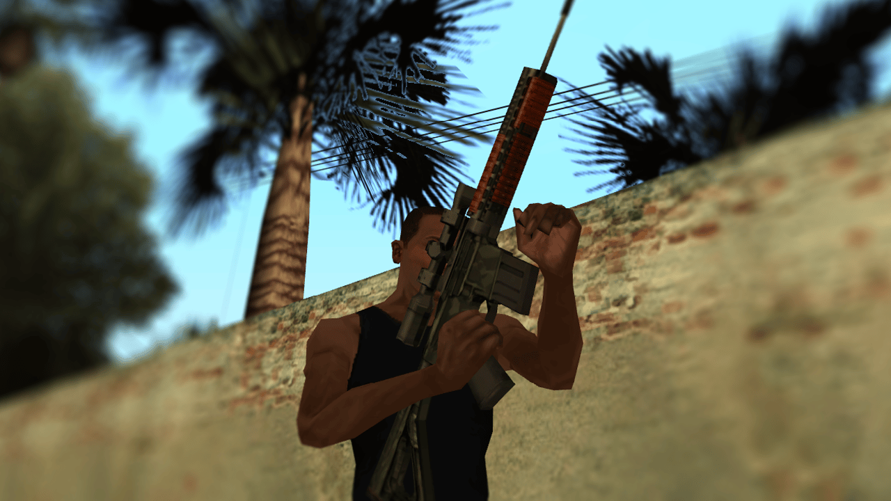 Close-up side view of the SR-25 GTA VI-style rifle model, showing scope and orange rail detail, palm trees in background