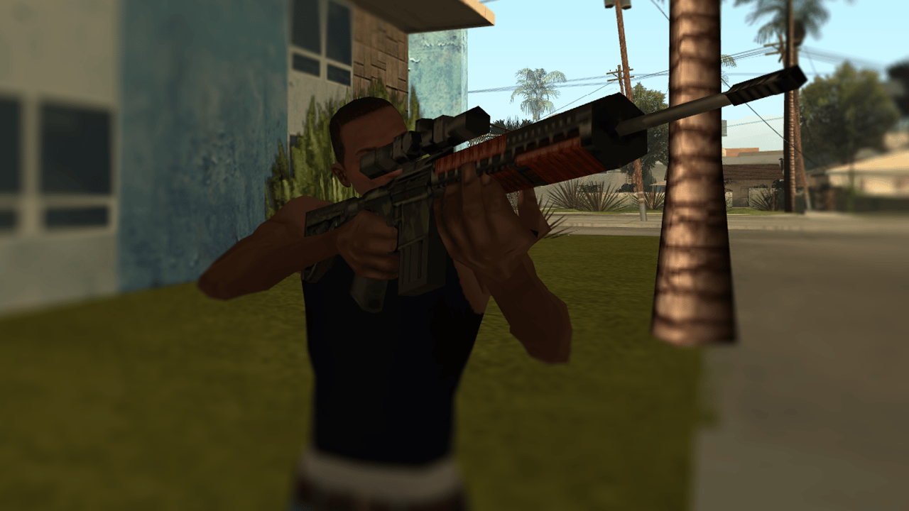 Character aiming the SR-25 GTA VI-style rifle model in GTA San Andreas, front view with scope visible