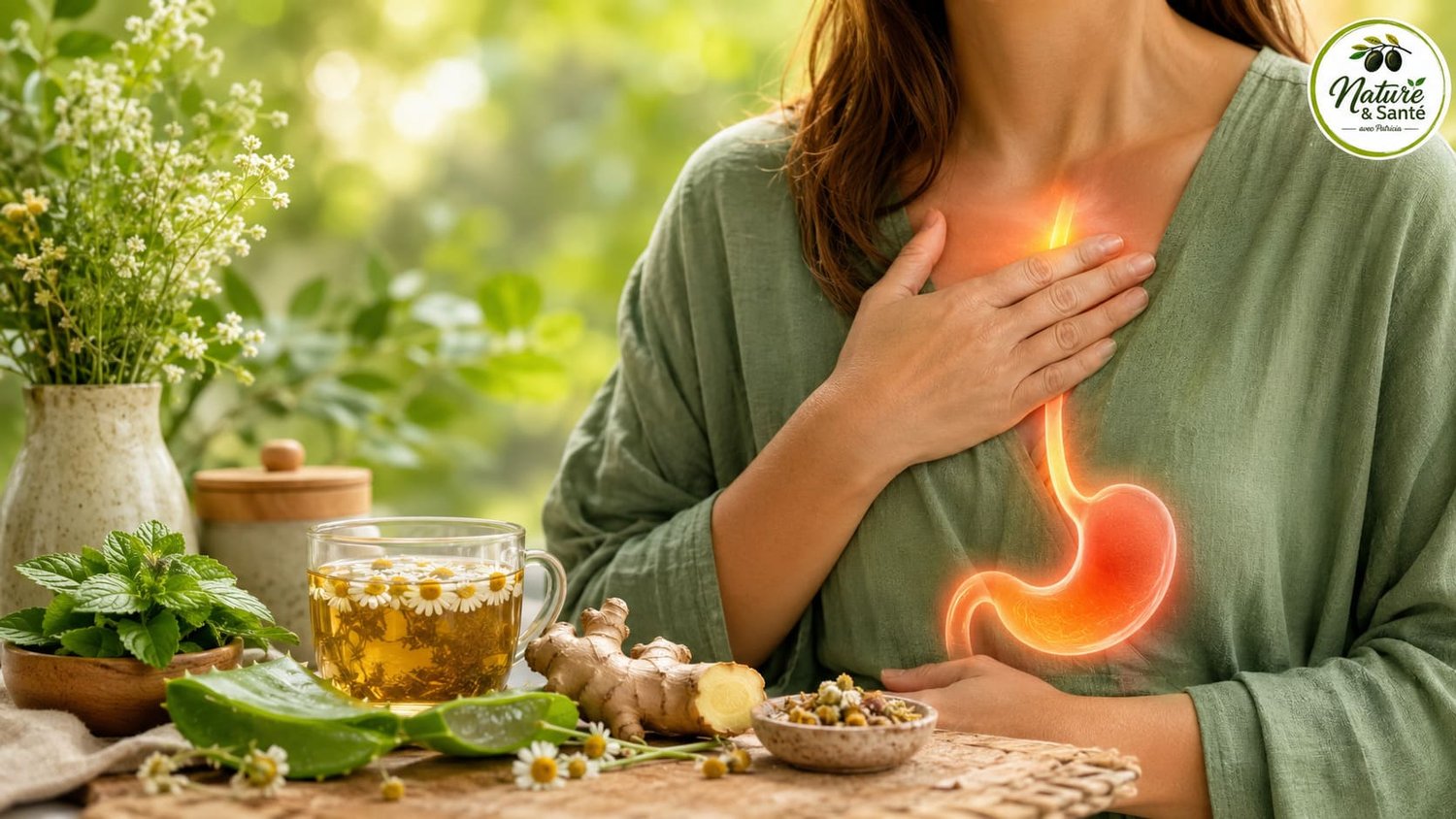 Illustration représentant une personne souffrant de reflux gastro-œsophagien avec une visualisation de l'œsophage et de l'estomac, entourée de plantes médicinales traditionnellement utilisées pour le confort digestif.