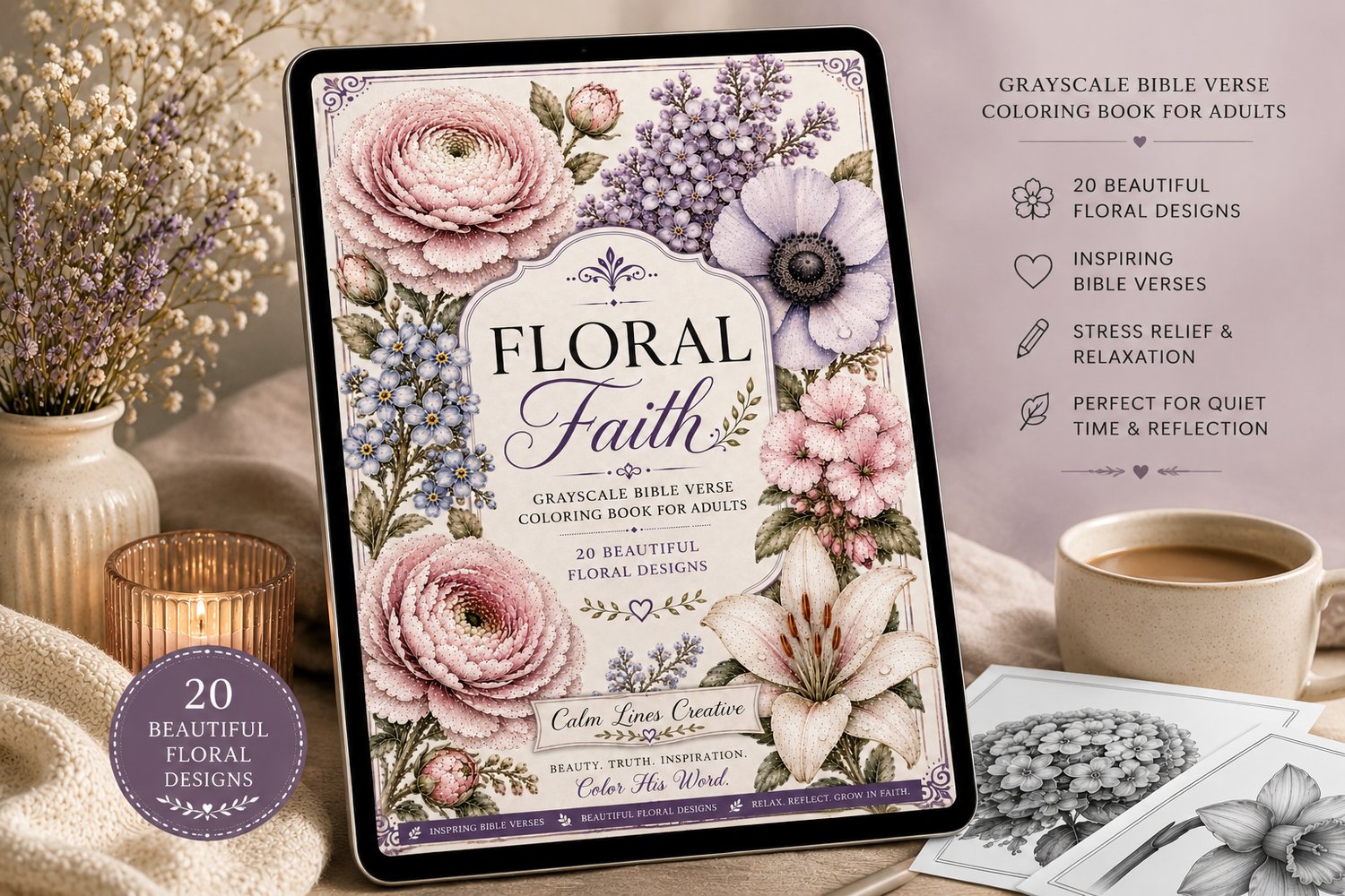 Floral Faith grayscale Bible verse coloring book cover mockup with pink and purple botanical illustrations
