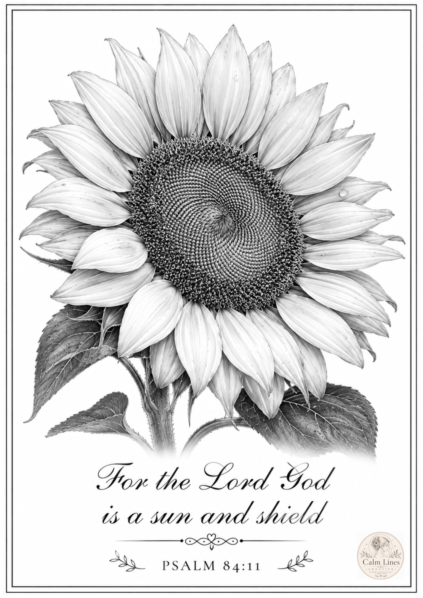 Sunflower grayscale coloring page with Psalm 84:11 Bible verse from Floral Faith coloring book