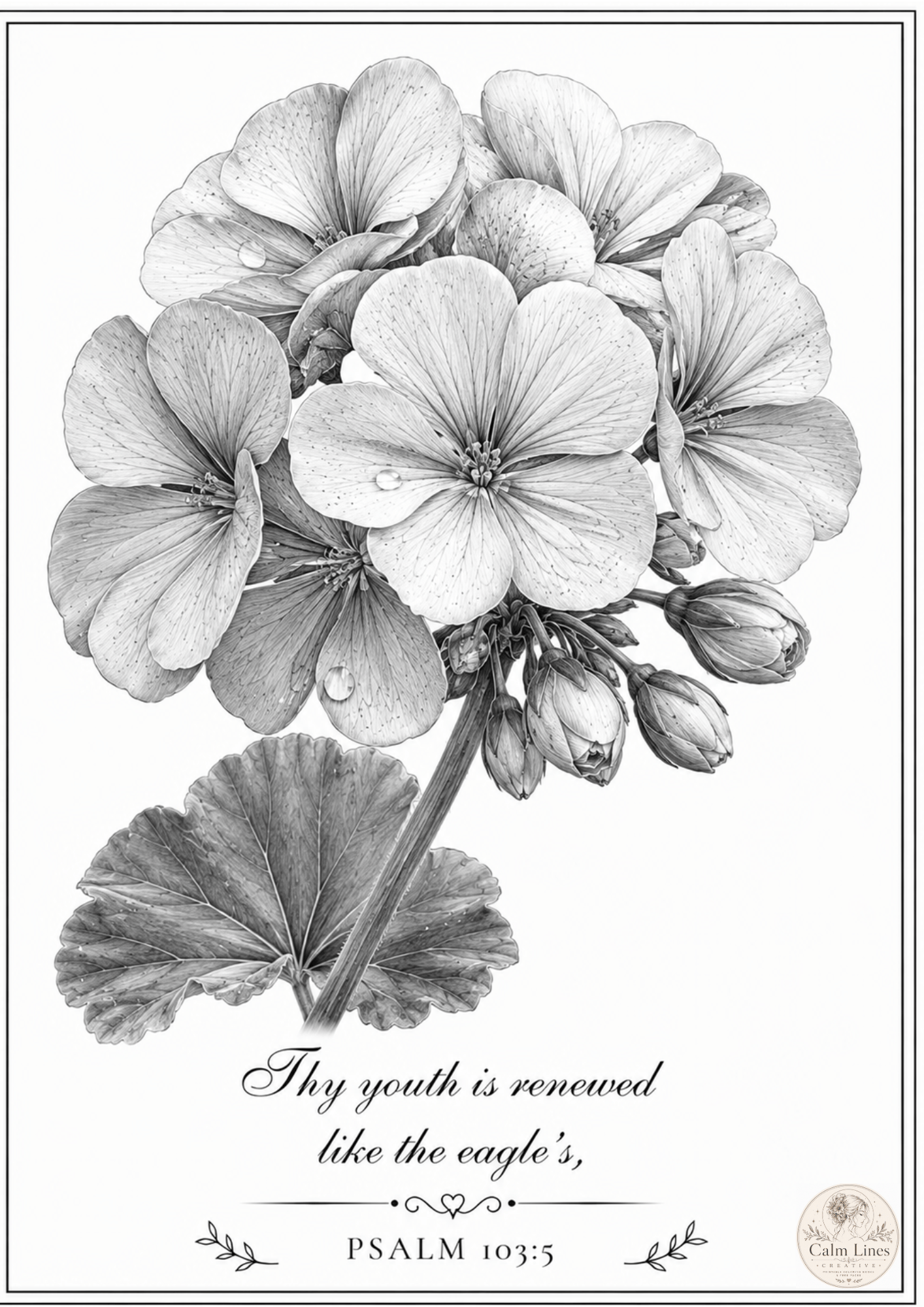 Geranium grayscale coloring page with Psalm 103:5 Bible verse from Floral Faith coloring book