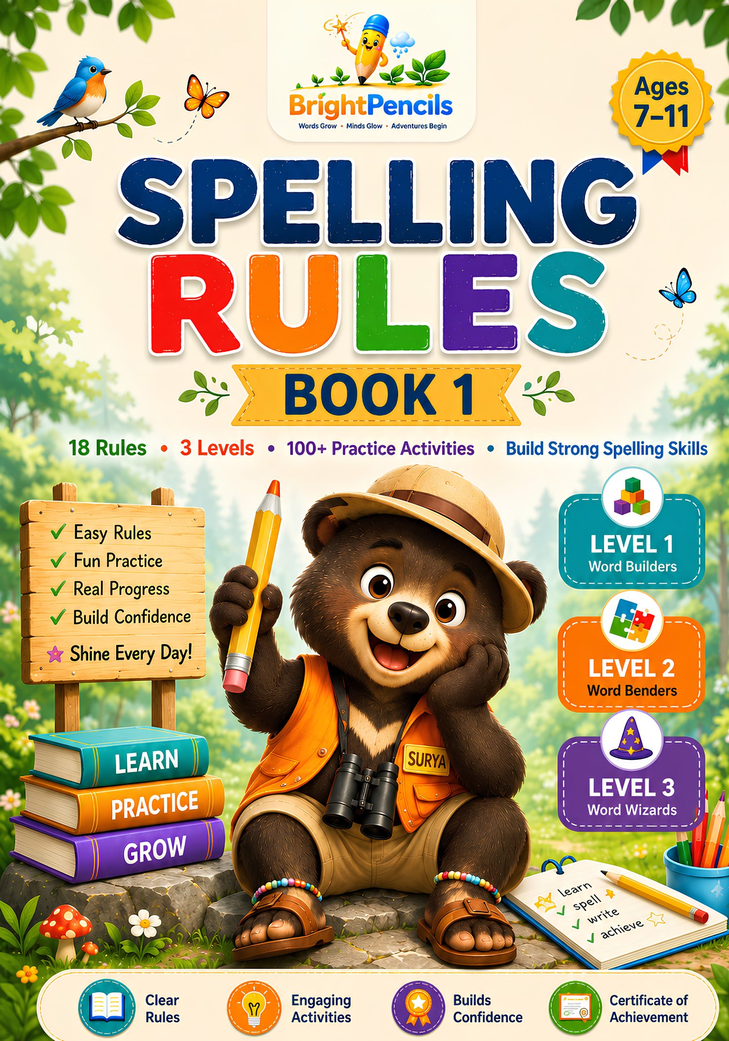 BrightPencils Spelling Rules Adventure Book 1 printable workbook cover