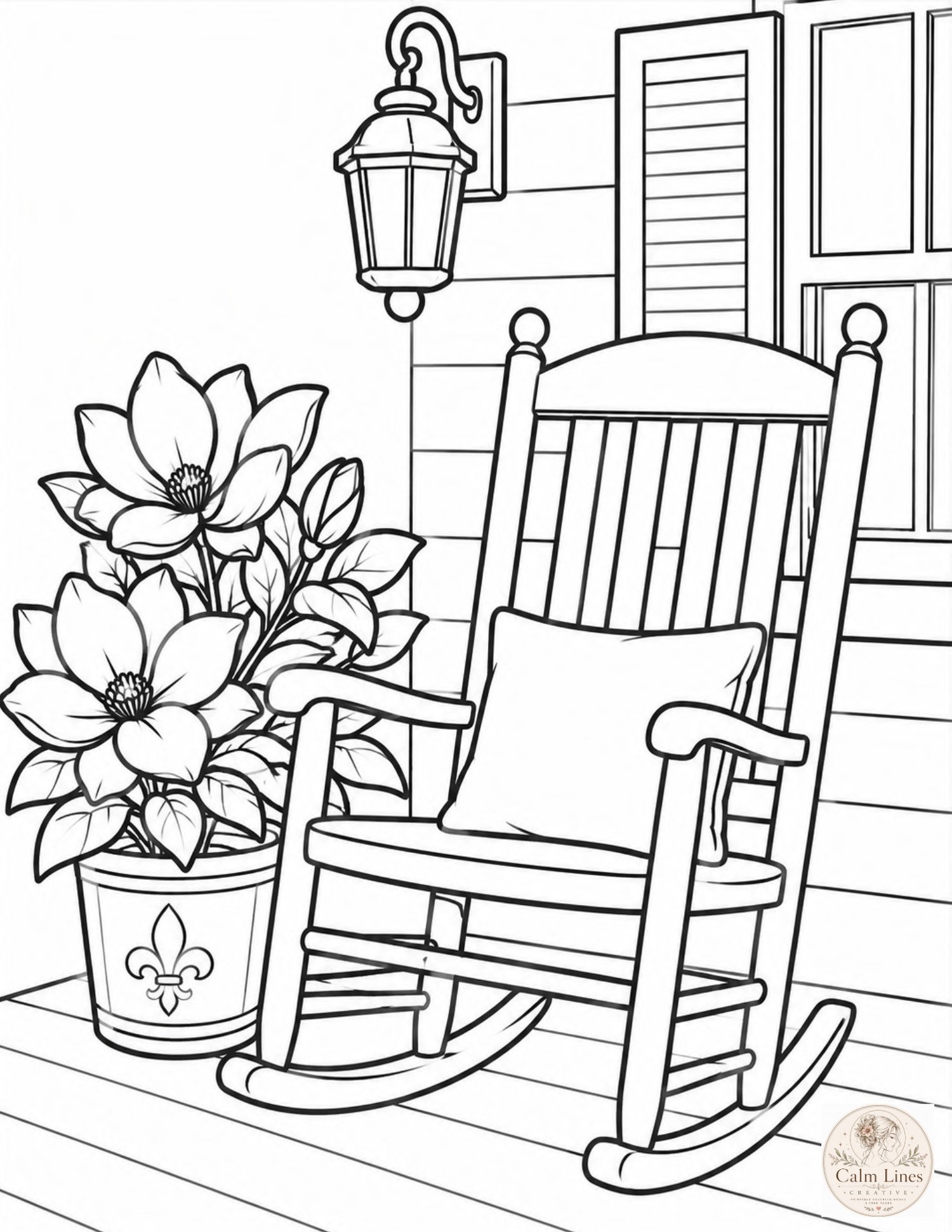Bold and easy coloring page rocking chair magnolia flowers front porch