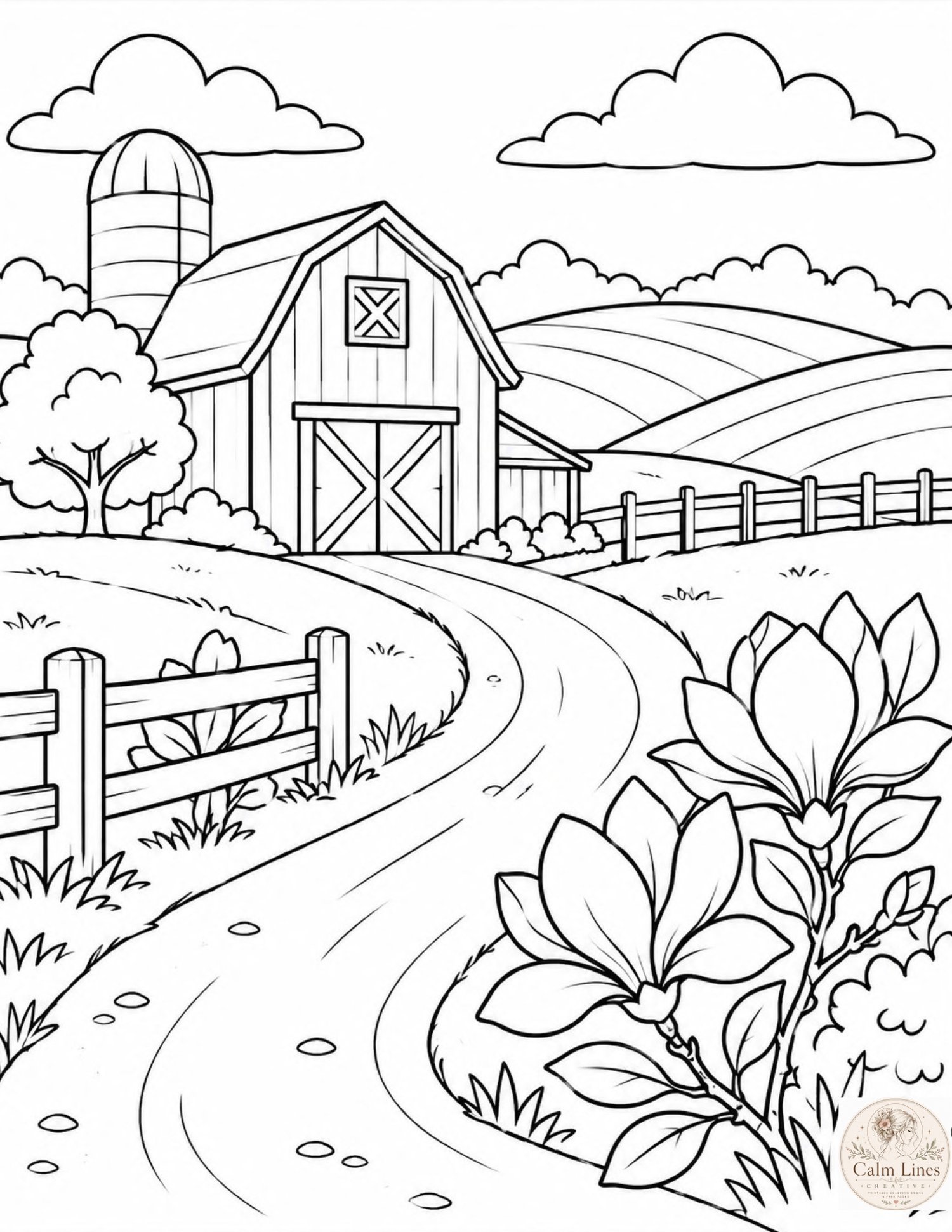 Southern farmhouse barn coloring page magnolia flowers country landscape