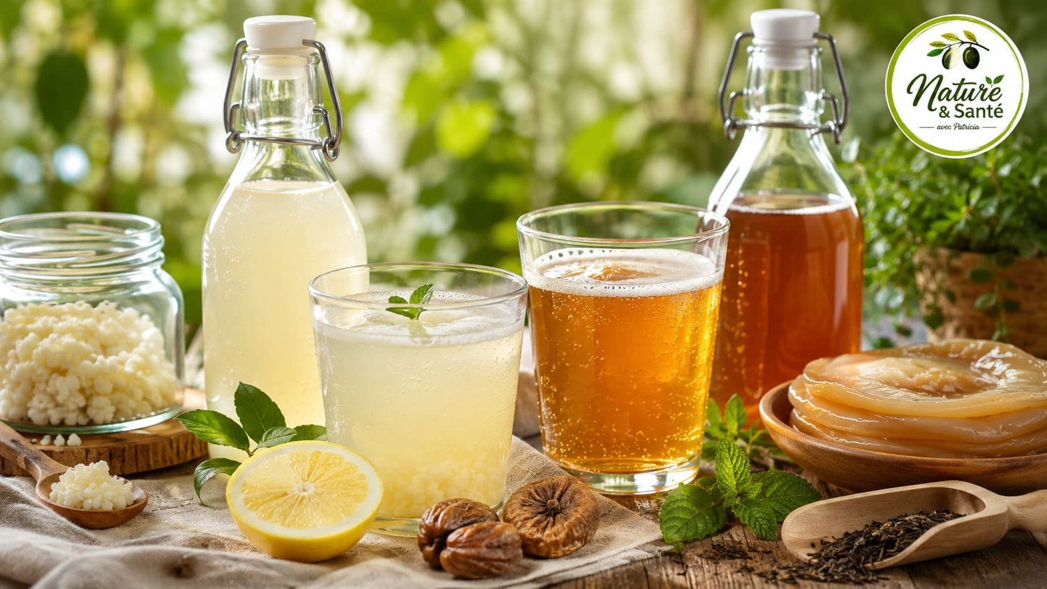 Deux verres de kéfir de fruits et de kombucha accompagnés de grains de kéfir, d'un SCOBY, de citron, de figues sèches et de feuilles de thé sur une table en bois, illustrant les boissons fermentées bénéfiques pour le microbiote intestinal.