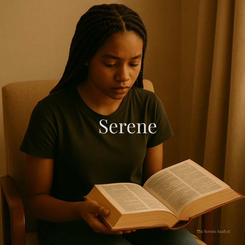 A young woman sits in a comfortable chair, thoughtfully reading an open book in a warm, peaceful room. Overlaid with the title