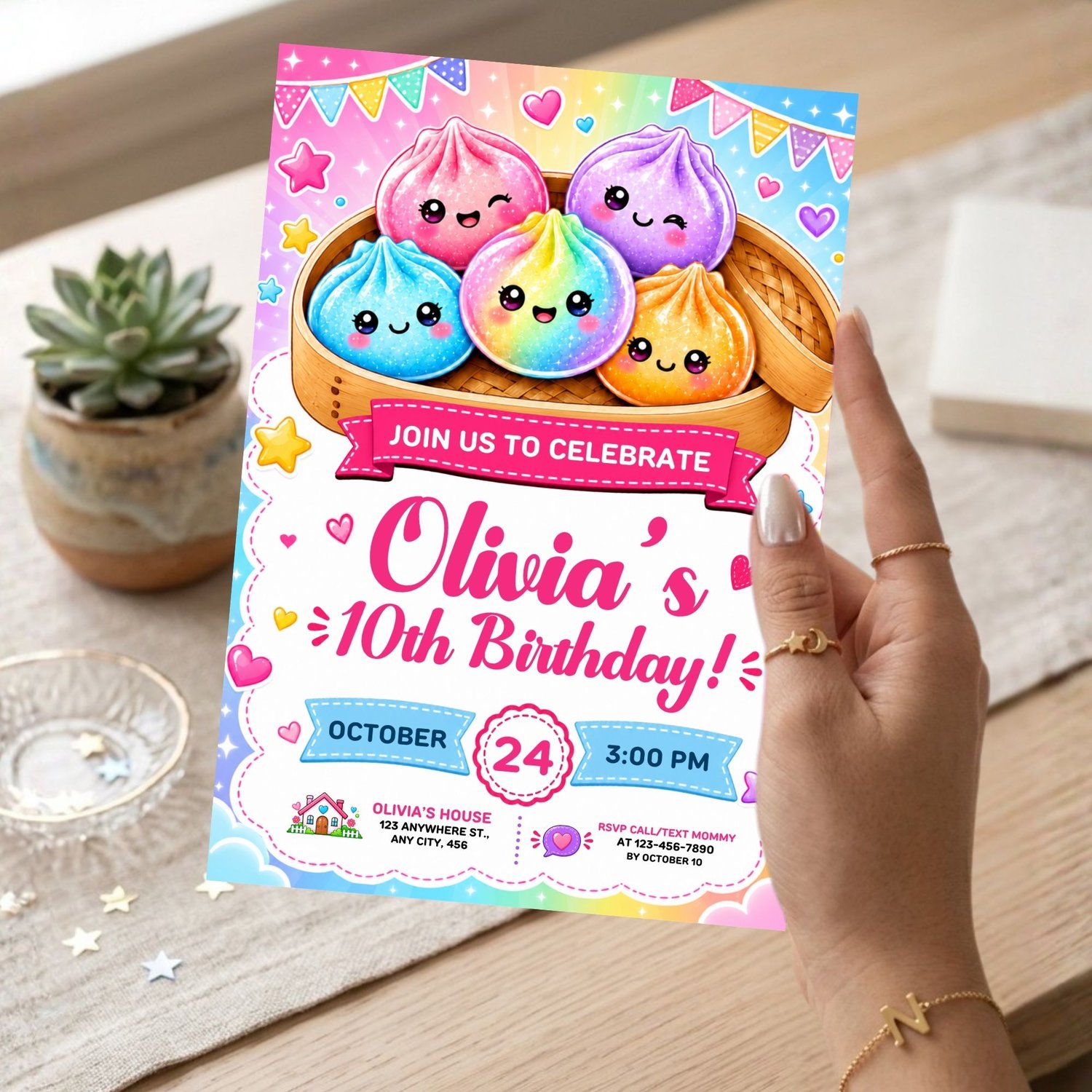 Cute kawaii dumpling birthday invitation digital download editable template
