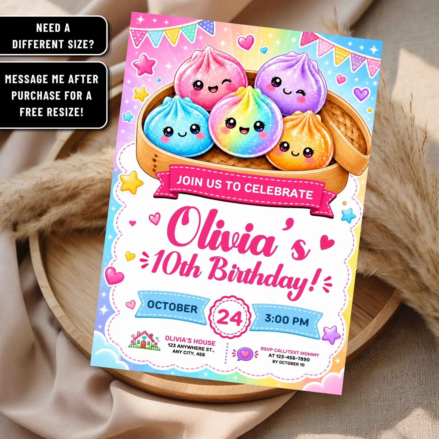 Squishy dumpling party invite Canva template for children's birthday celebration