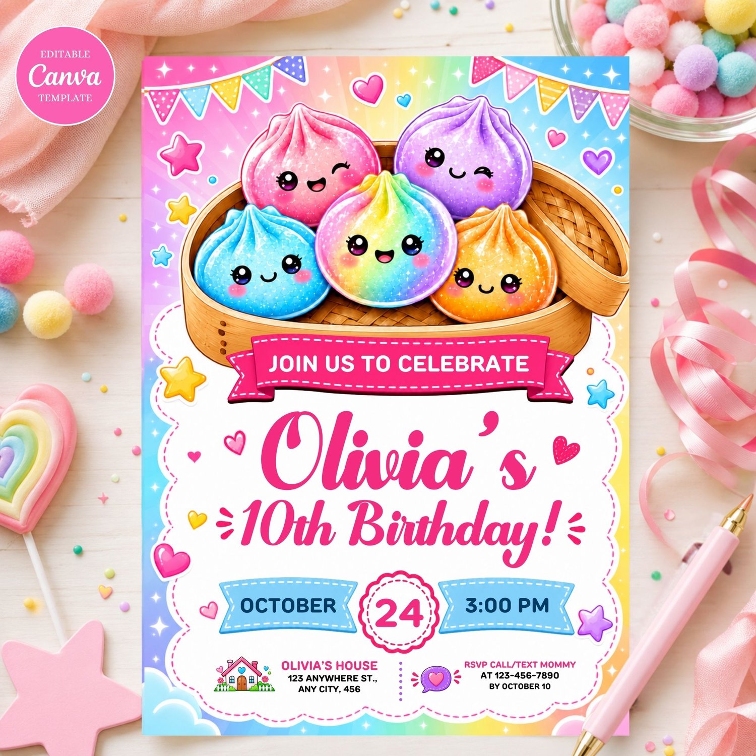 Glitter dumpling birthday invitation template editable in Canva for kids birthday party