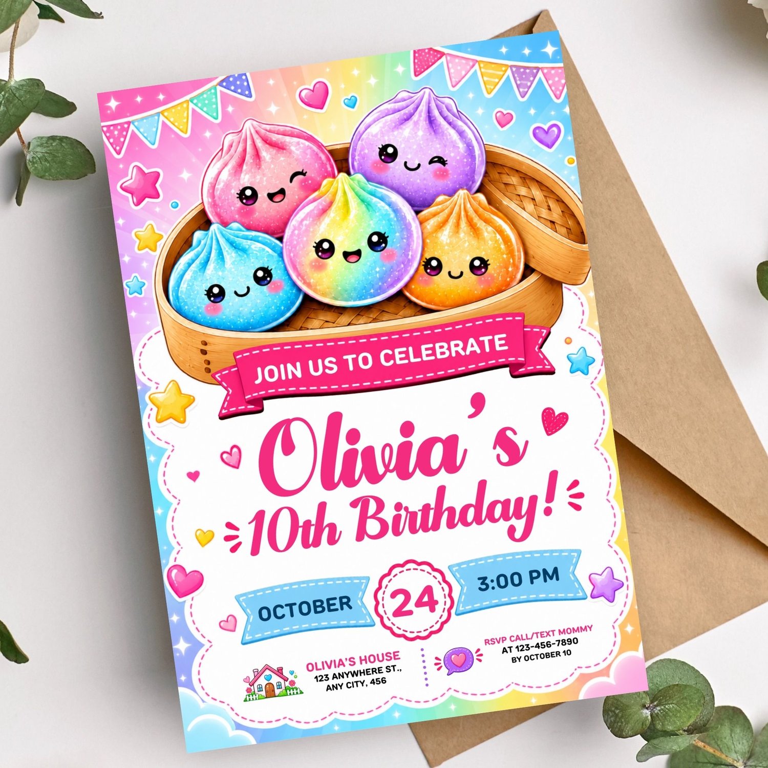 Editable kids birthday invitation with glitter dumpling theme and party details