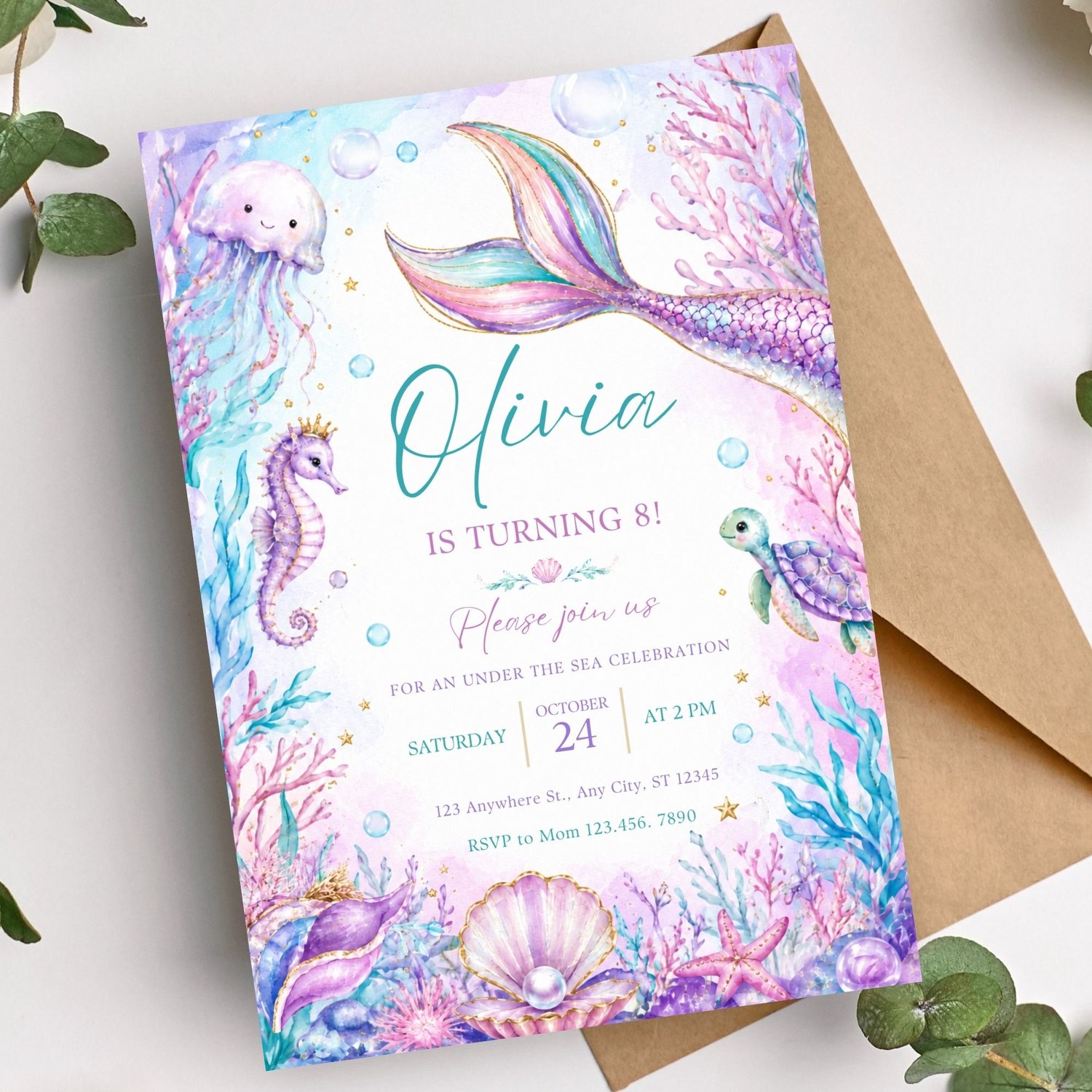 Printable mermaid birthday party invitation with ocean illustrations