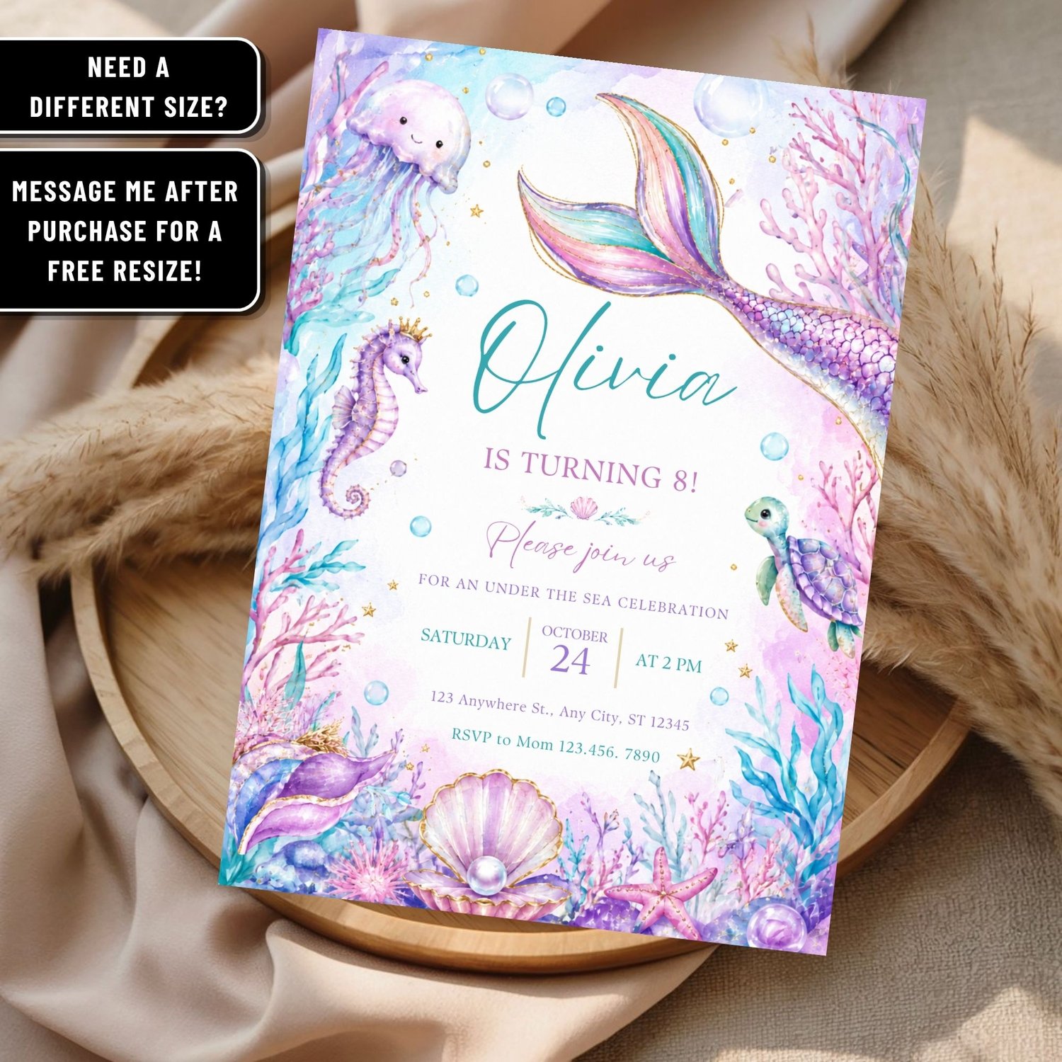 Ocean theme birthday invite template for girls birthday party