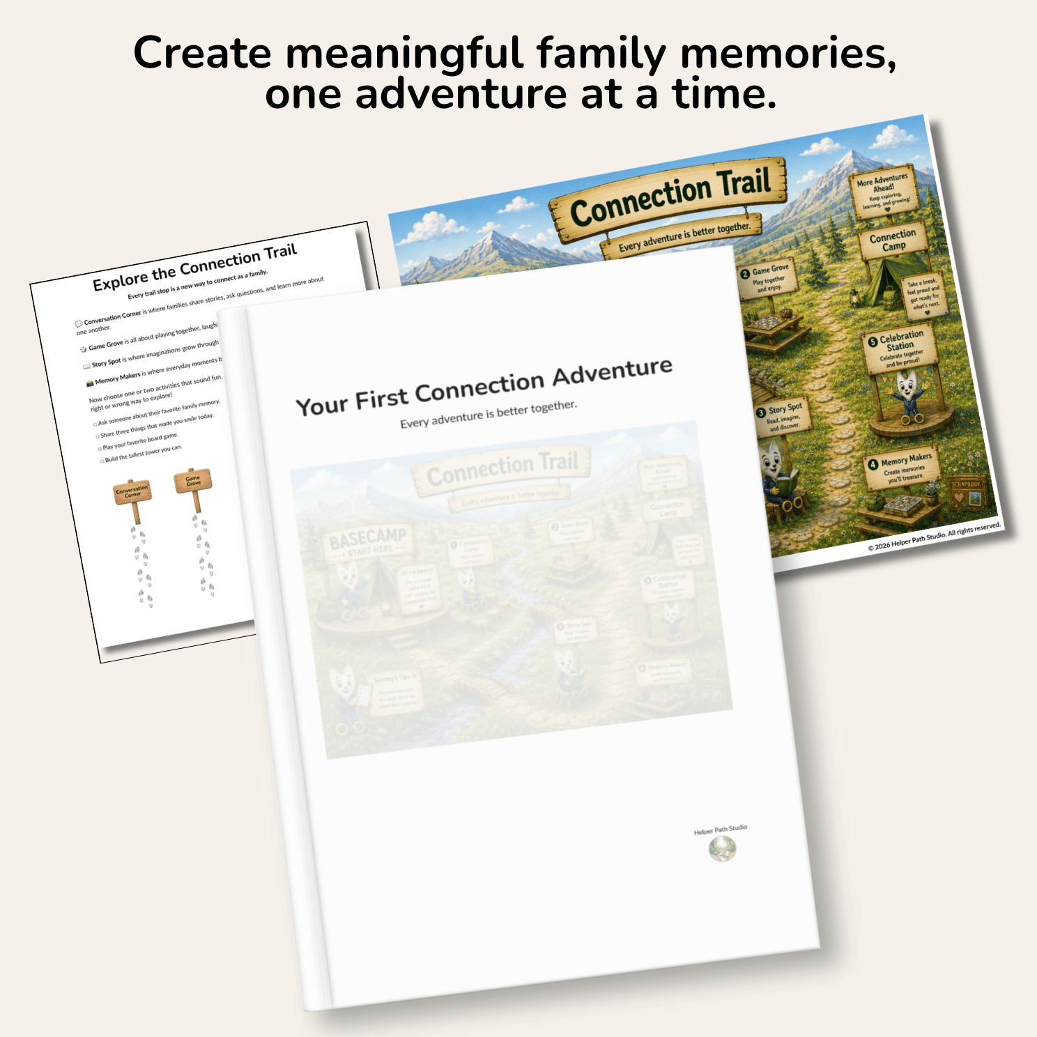 Mockup of the free Your First Connection Adventure printable featuring a family connection activity map and screen-free family activities.