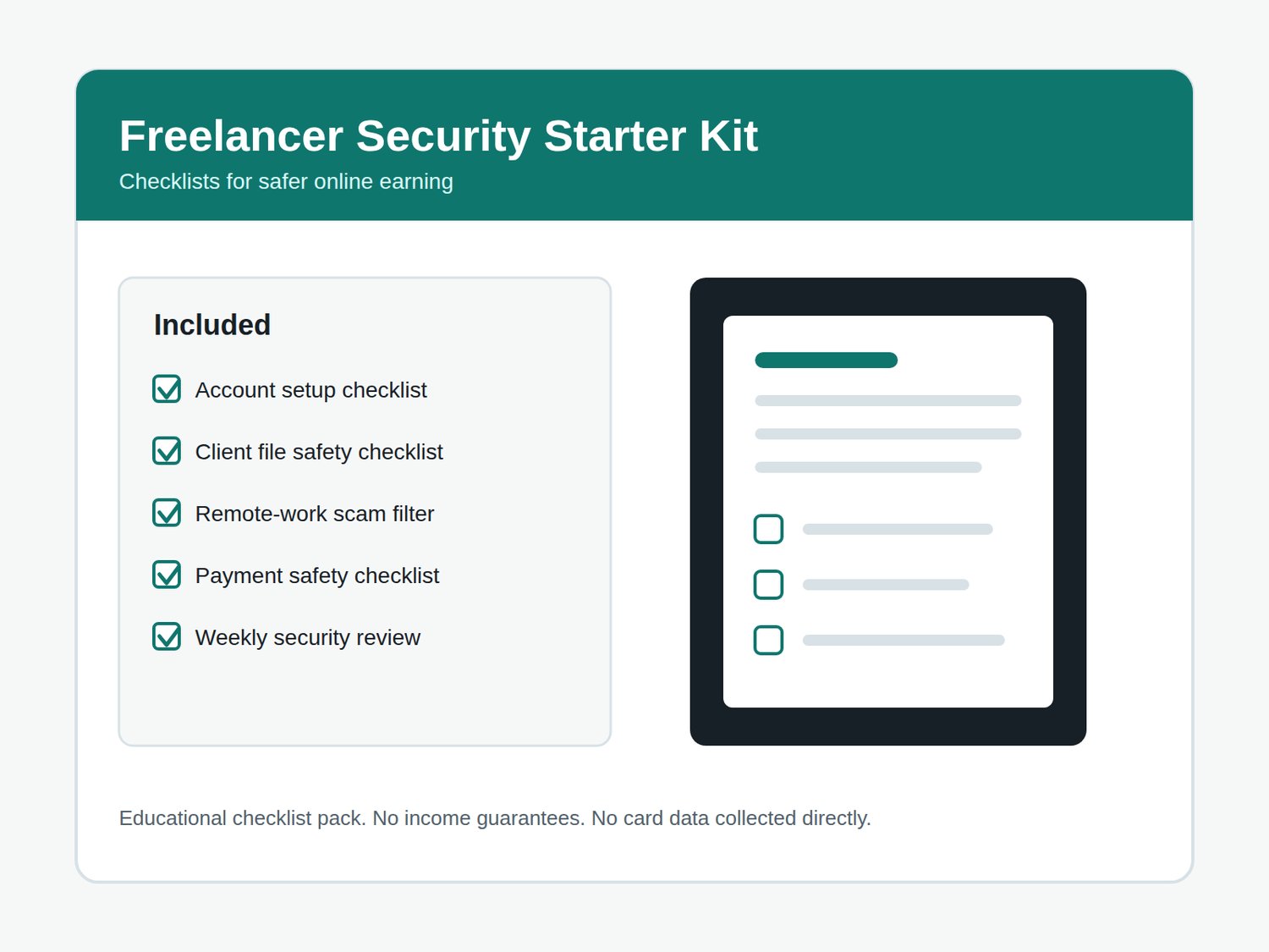 Freelancer Security Starter Kit cover showing account, client-file, payment, and weekly-review checklists