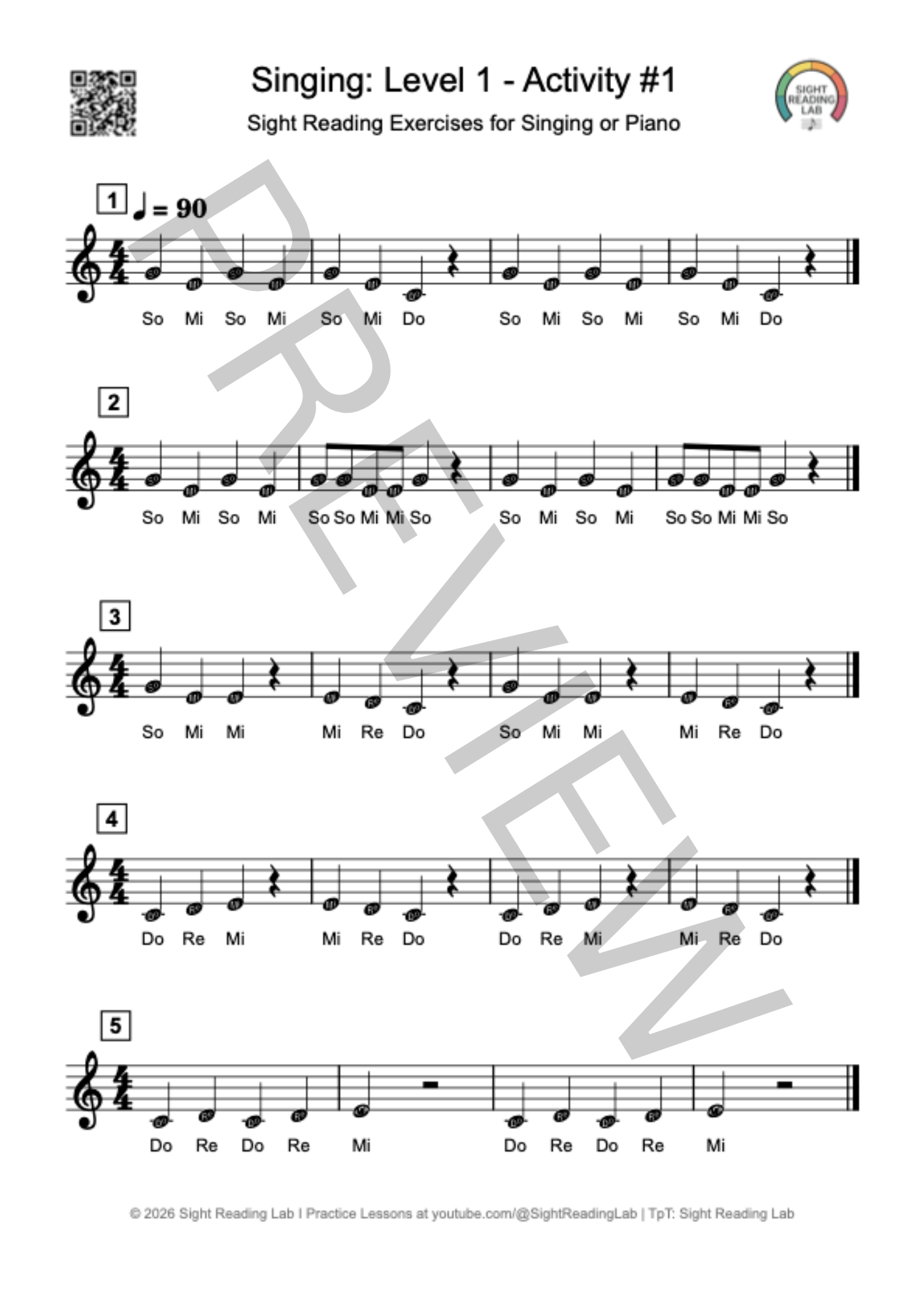 Standard treble clef notation for Sight Singing Level 1 Activity 1