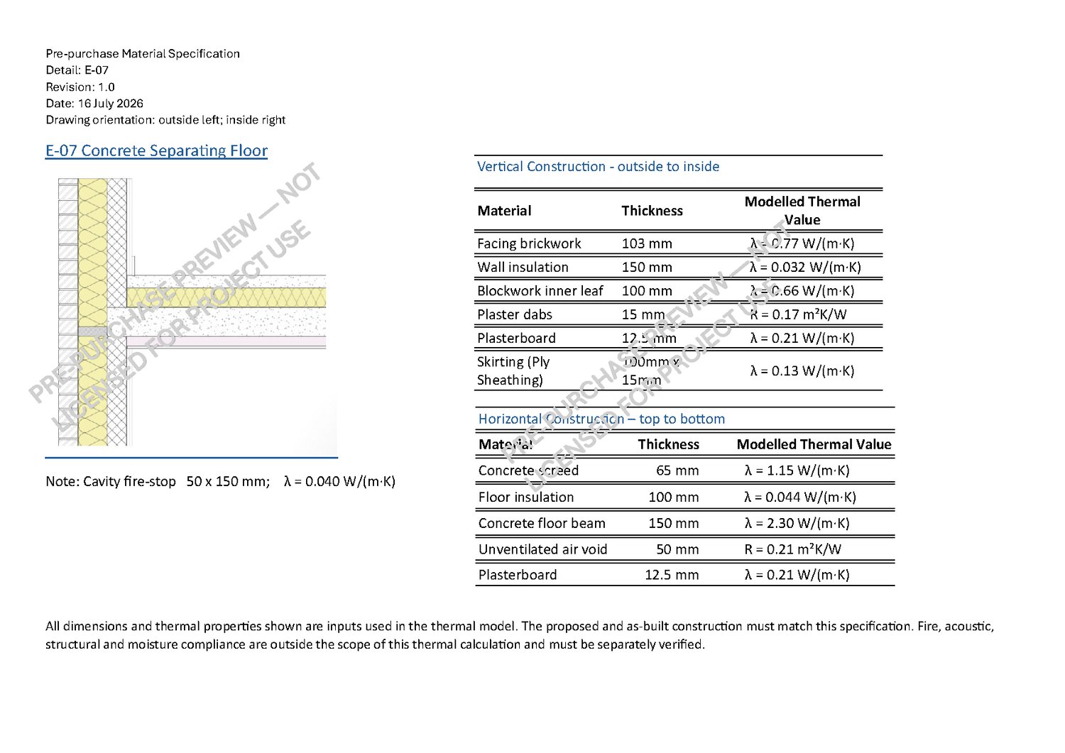 Watermarked pre-purchase specification for the E-07 concrete separating-floor junction, showing the drawing, materials and modelled thermal values.