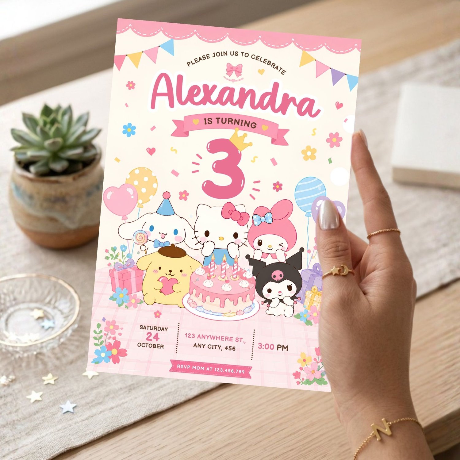 Printable Hello Kitty birthday invitation template that can be customized online and downloaded instantly.